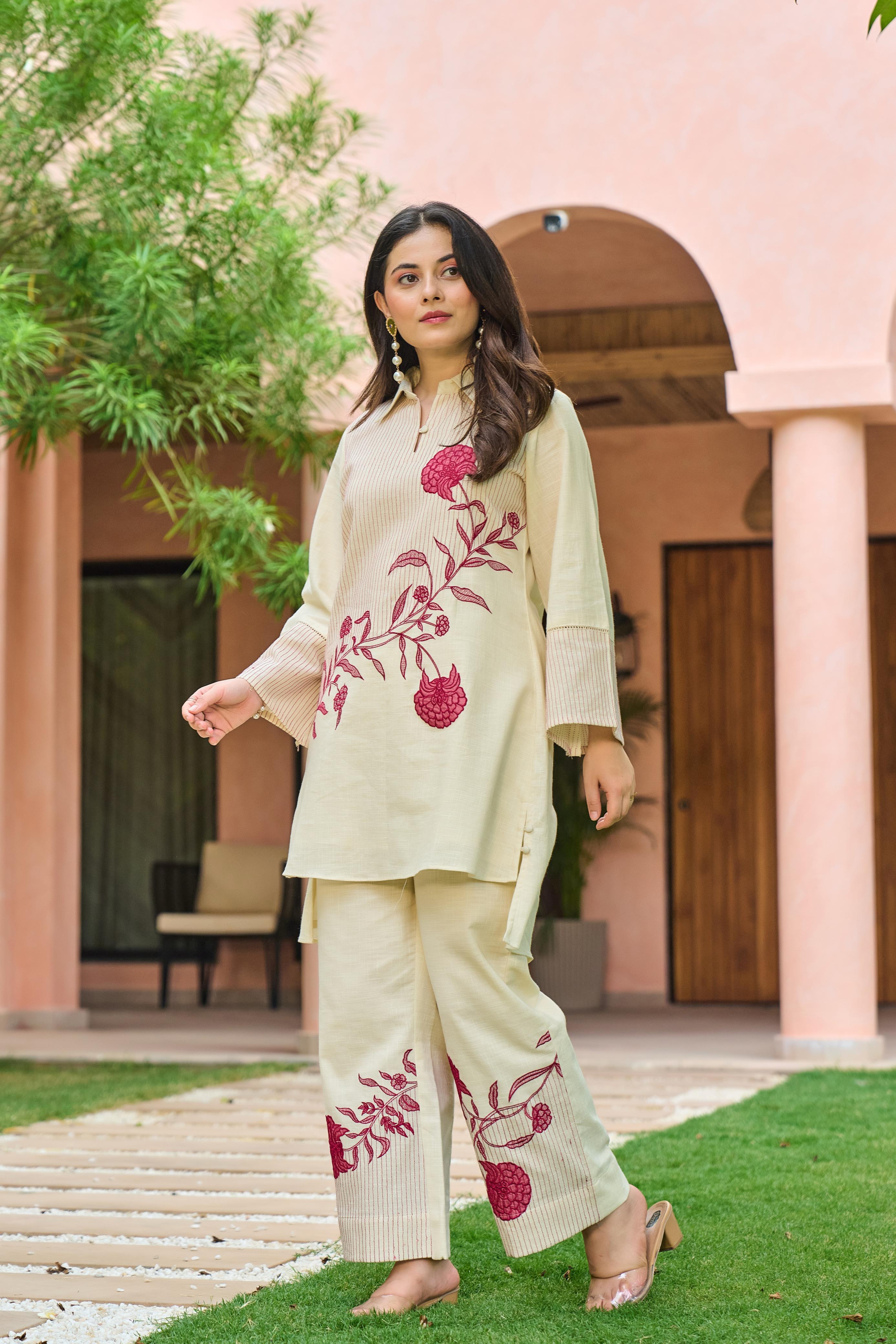 Handloom Pink Flower Cord Set