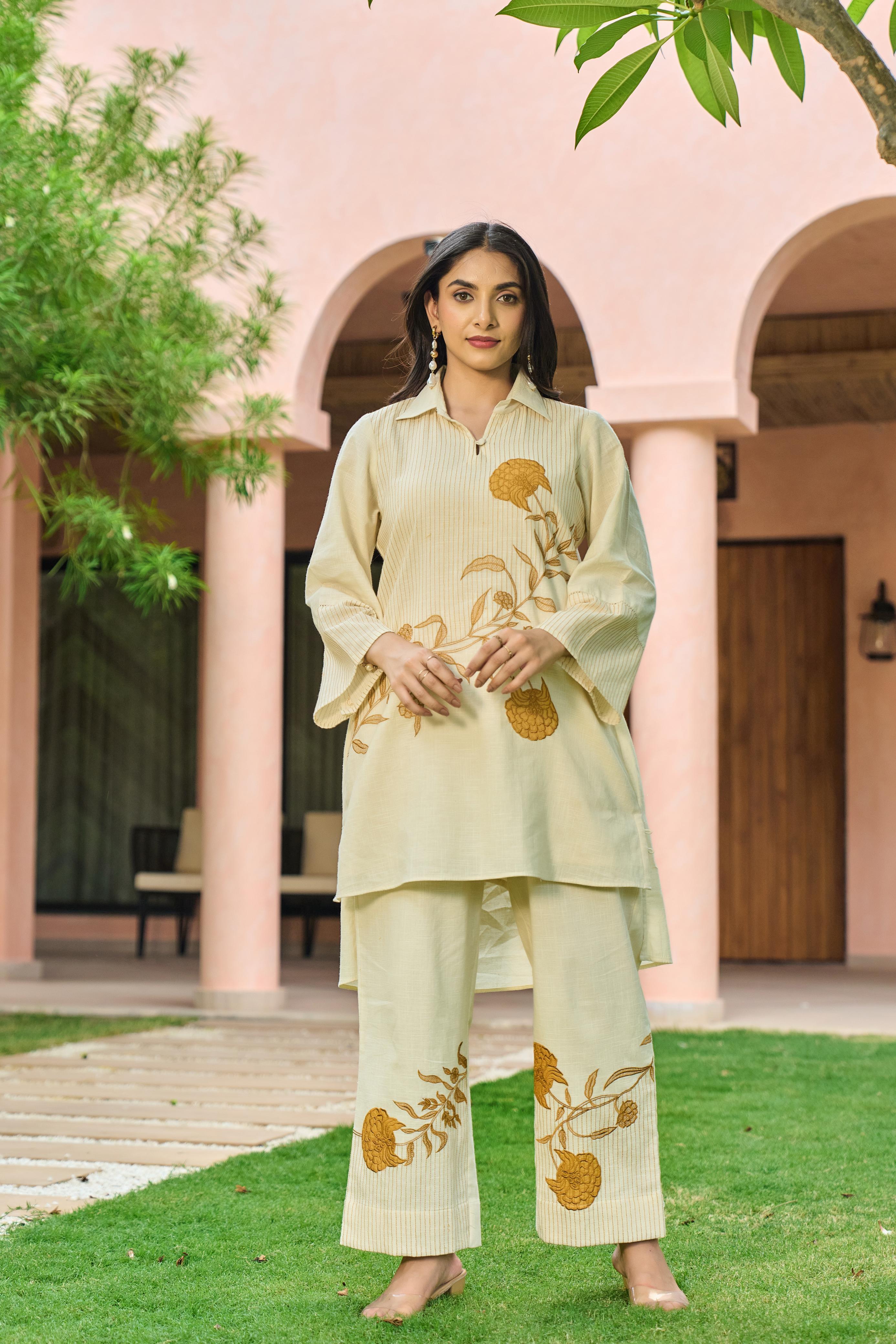 Handloom Yellow Flower Cord Set