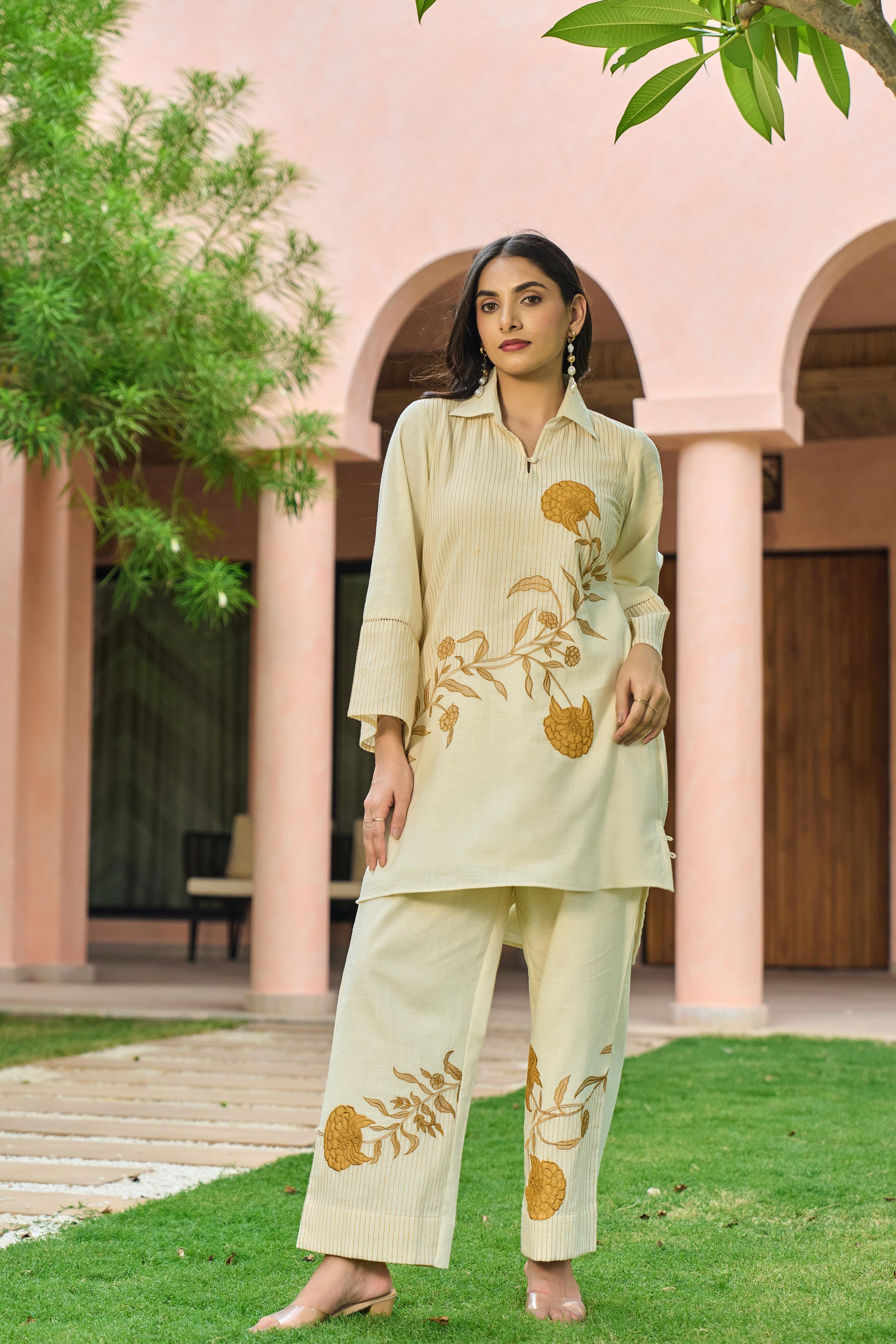 Handloom Yellow Flower Cord Set