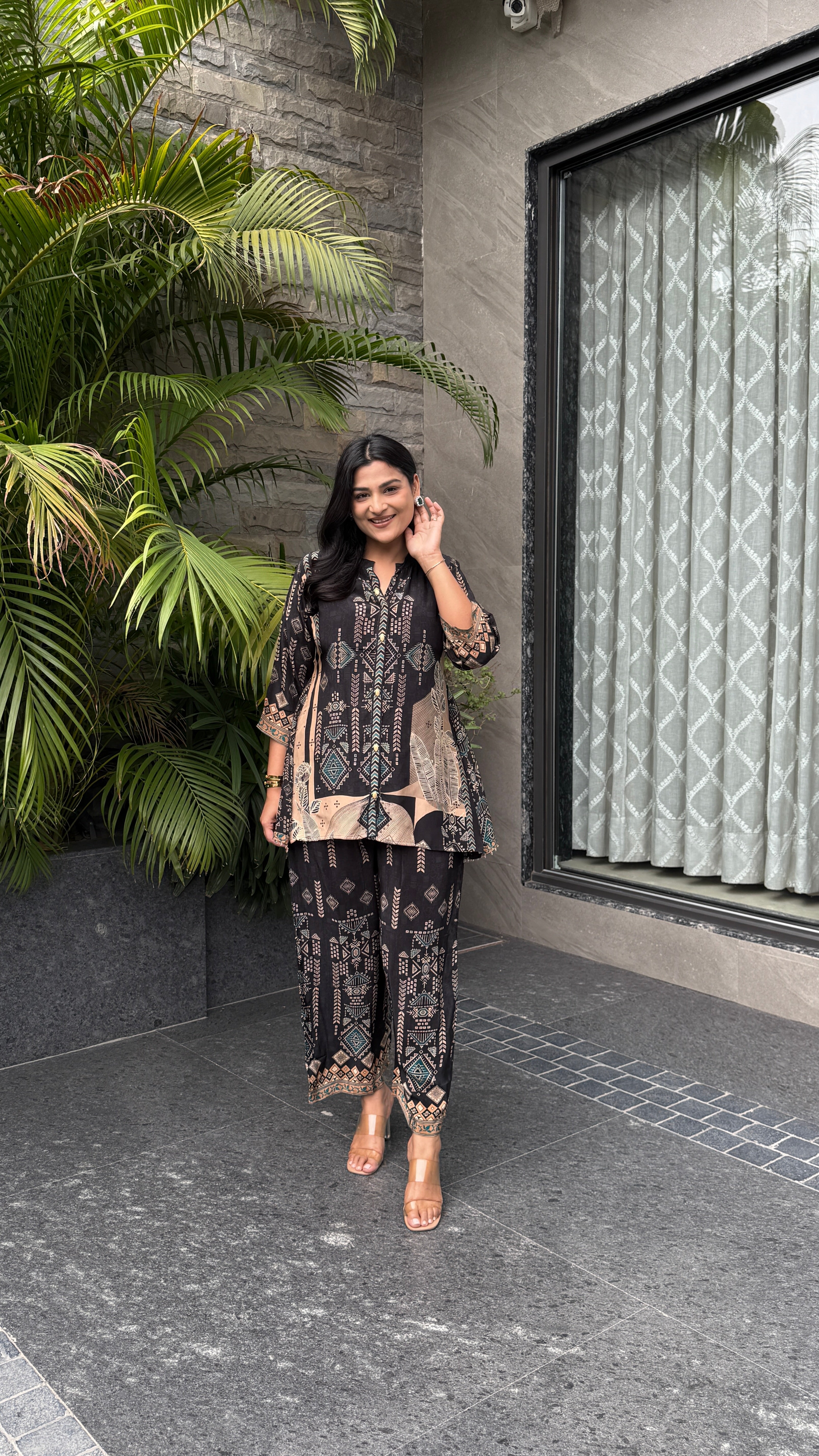 Aarke Black Geometric Crepe Cord Set