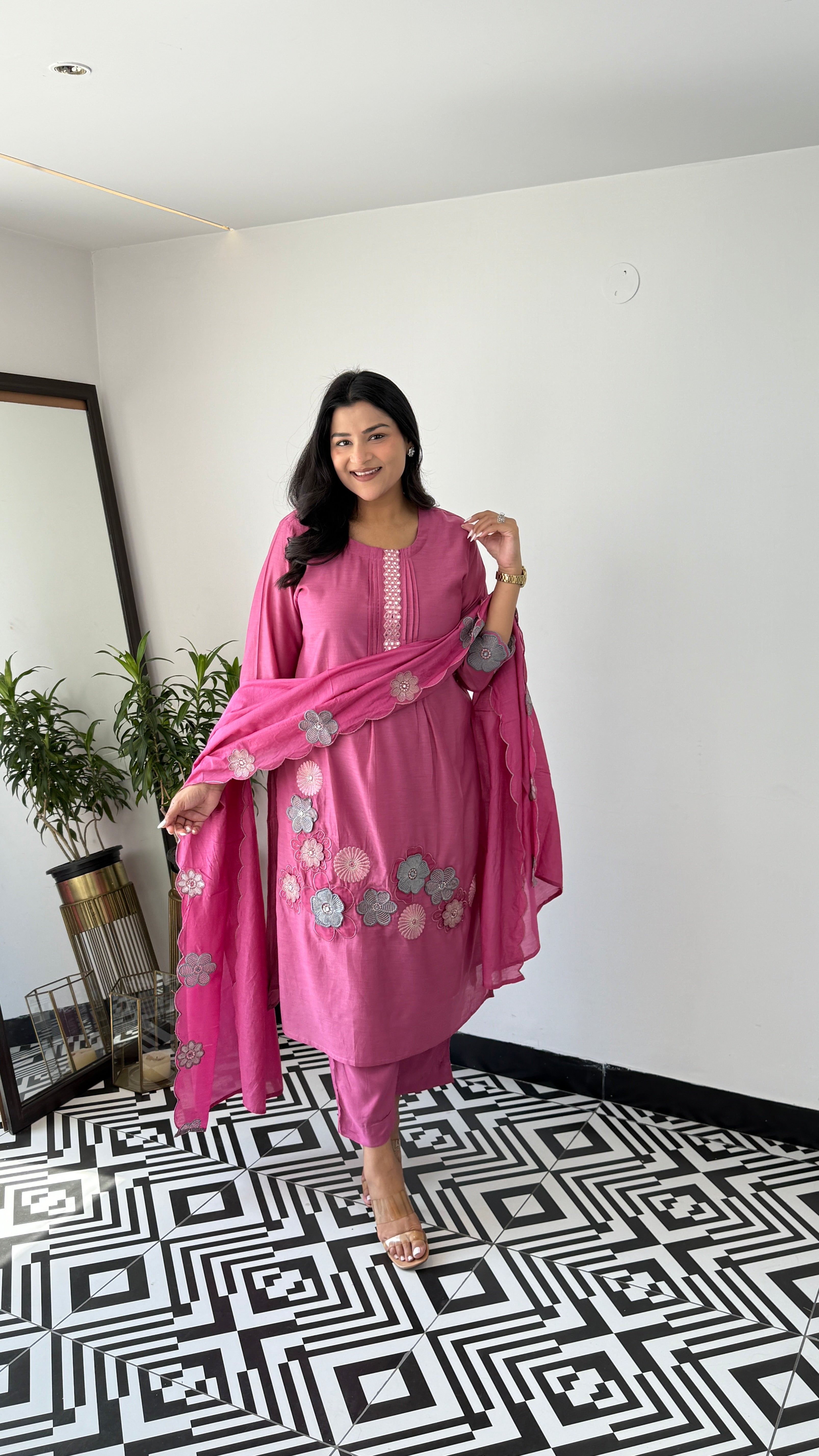 Pink Flower Appliqué Premium Suit Set