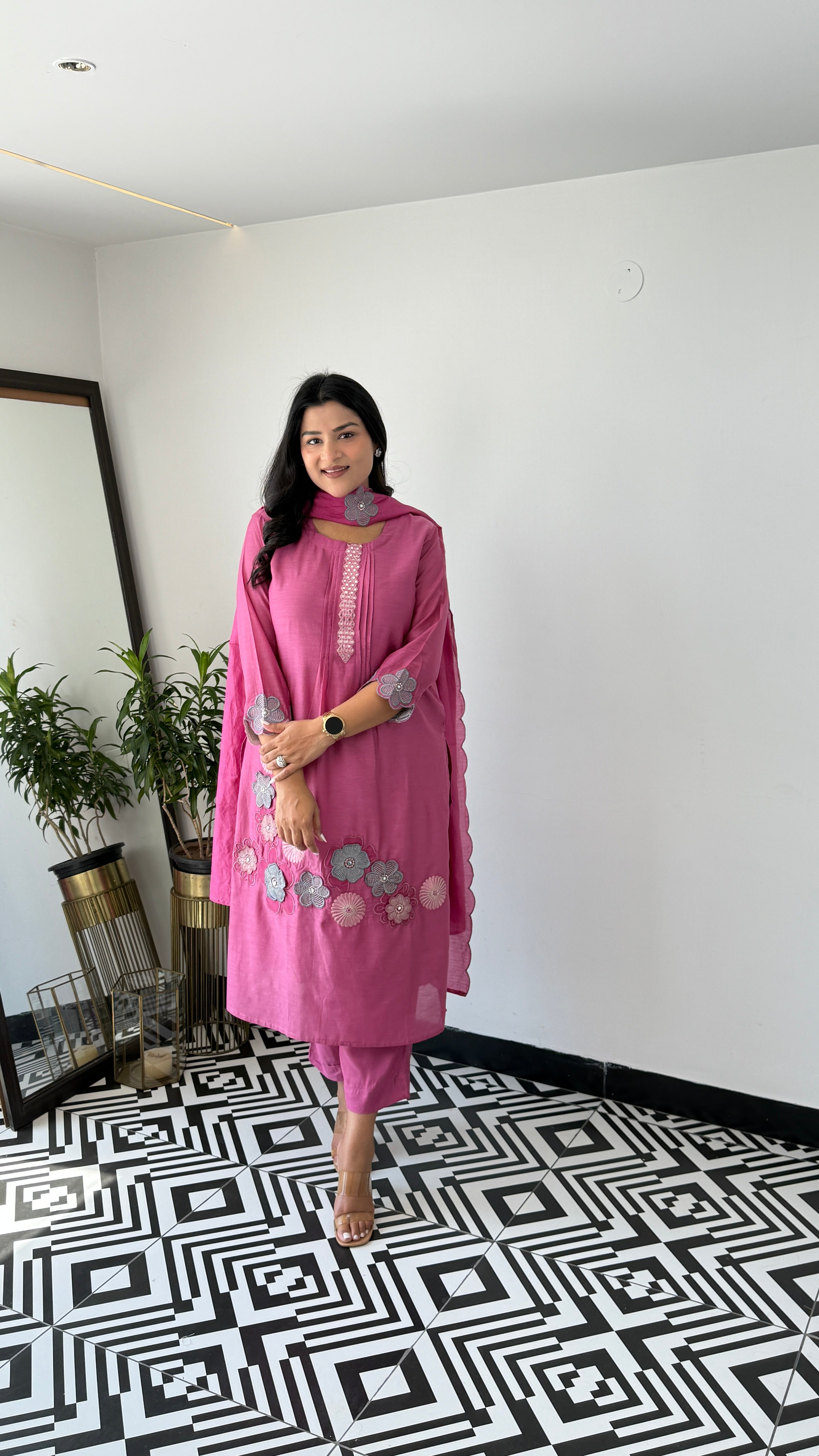 Pink Flower Appliqué Premium Suit Set