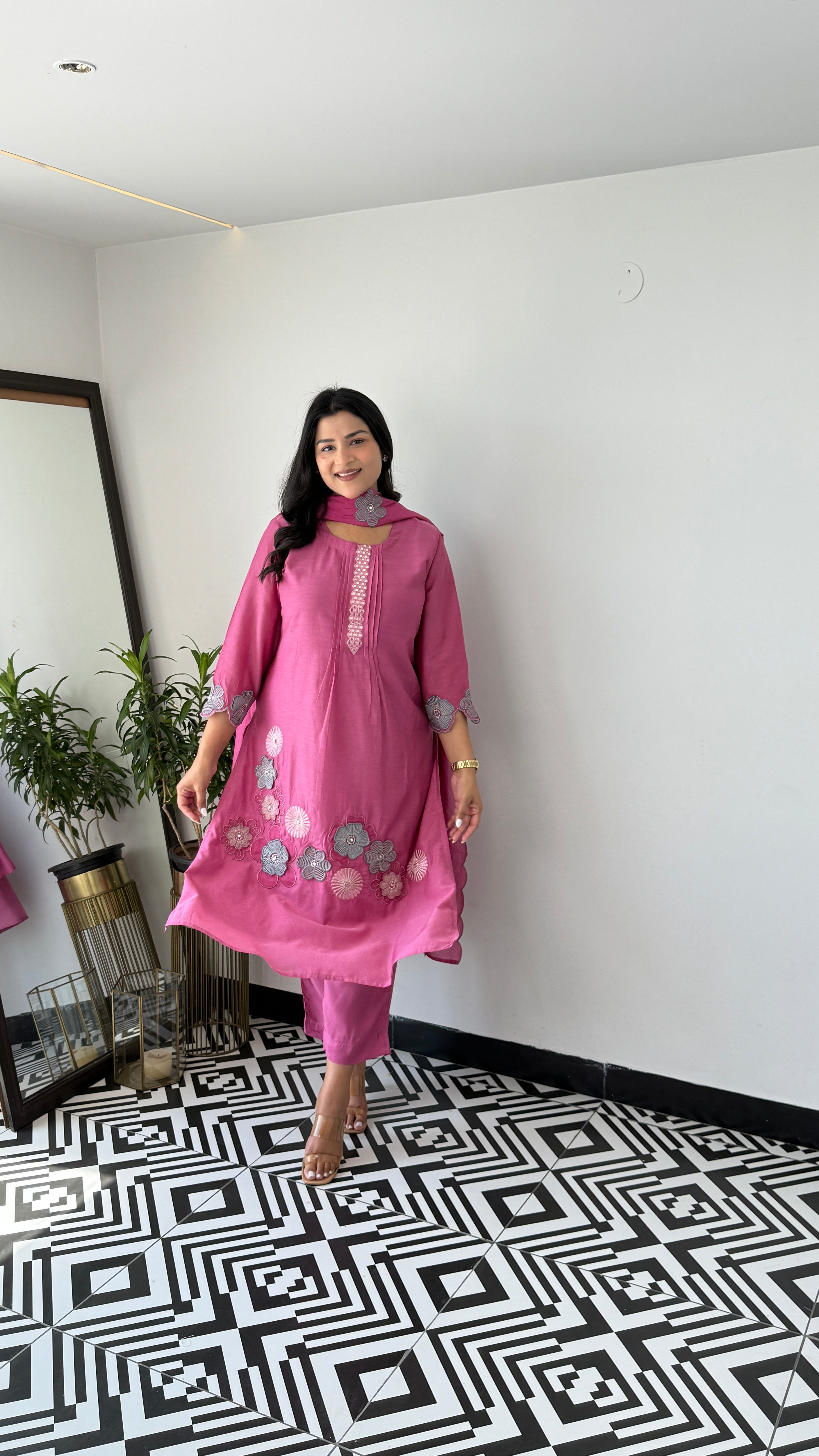 Pink Flower Appliqué Premium Suit Set