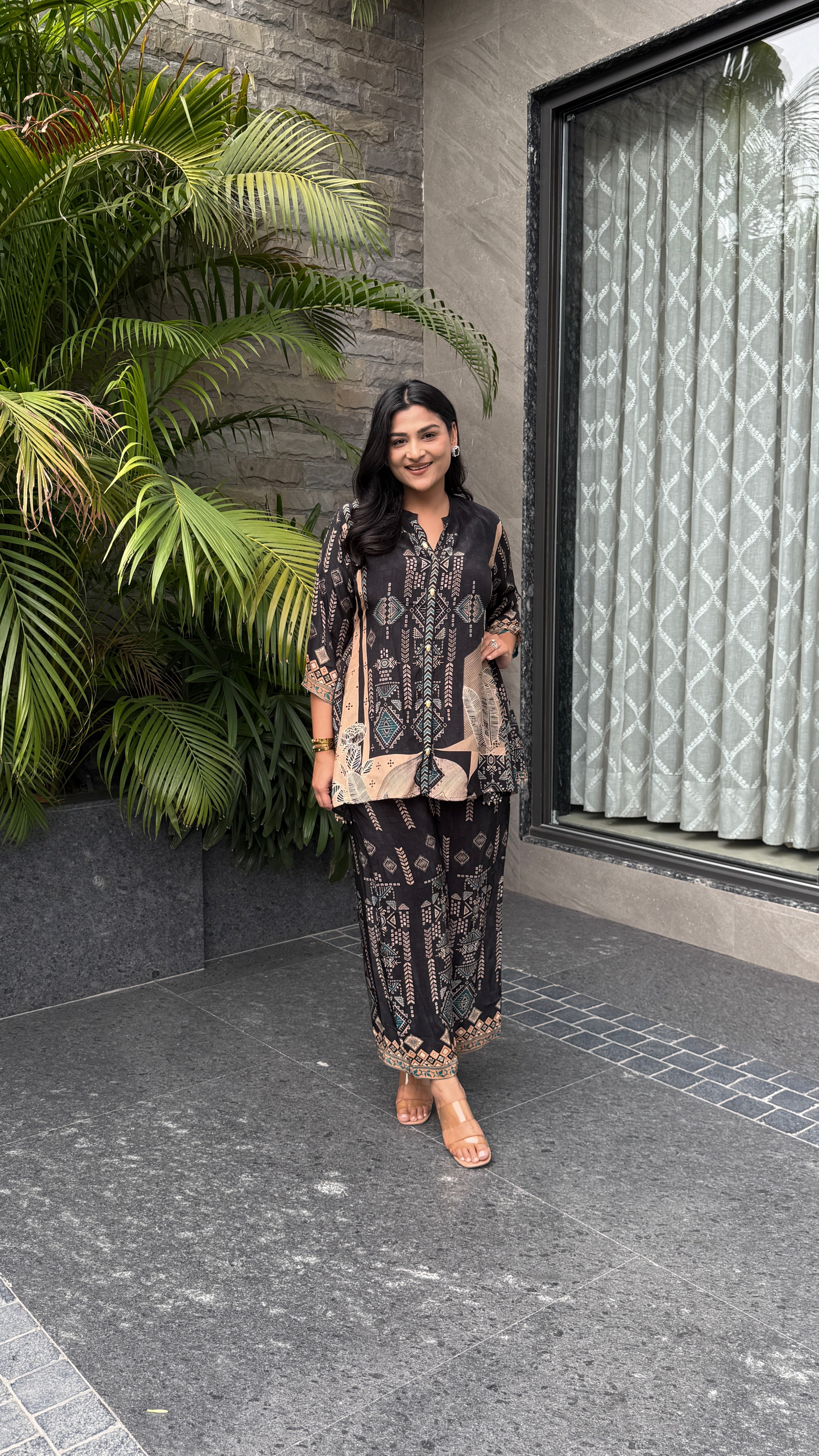 Aarke Black Geometric Crepe Cord Set