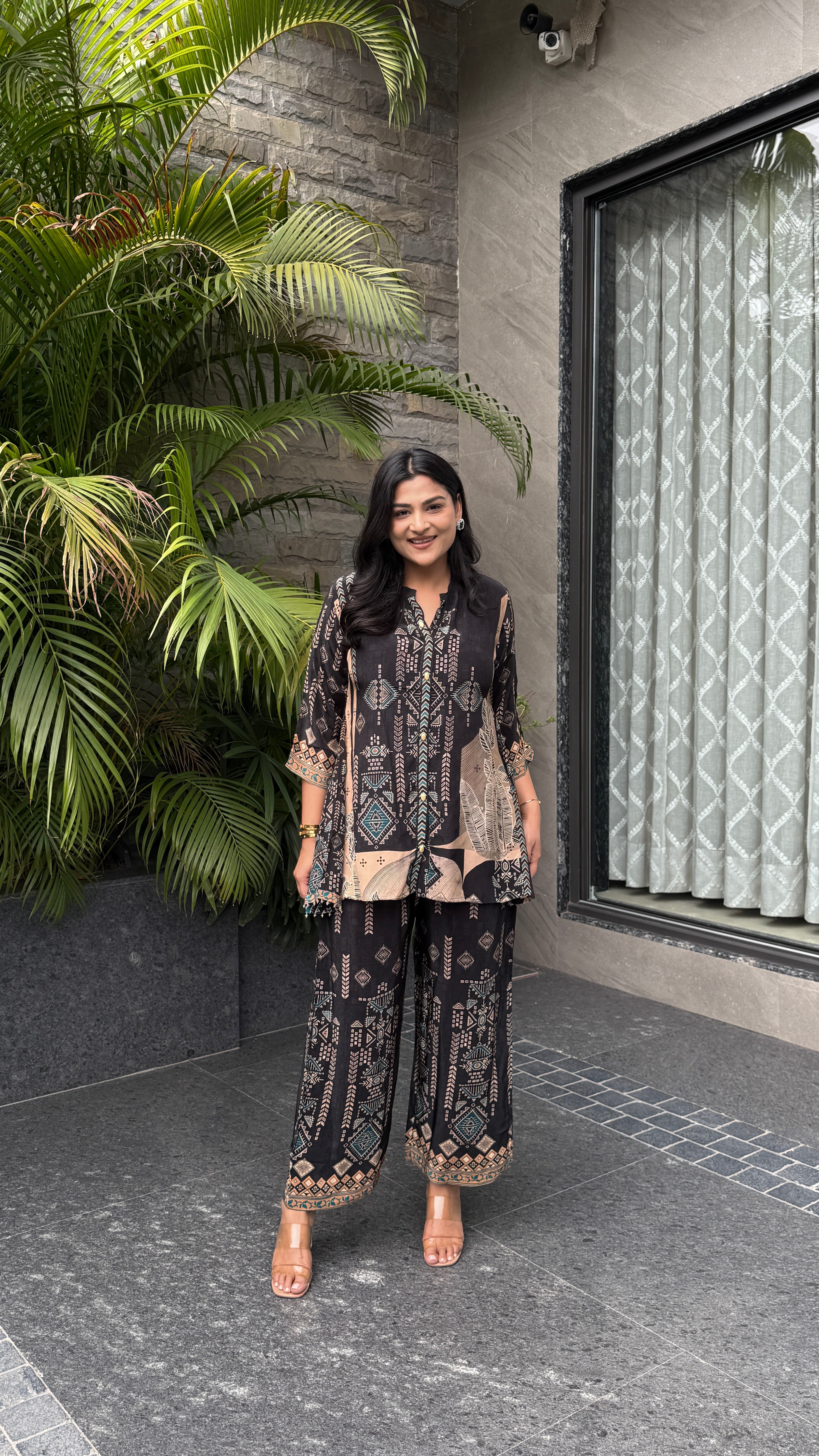 Aarke Black Geometric Crepe Cord Set