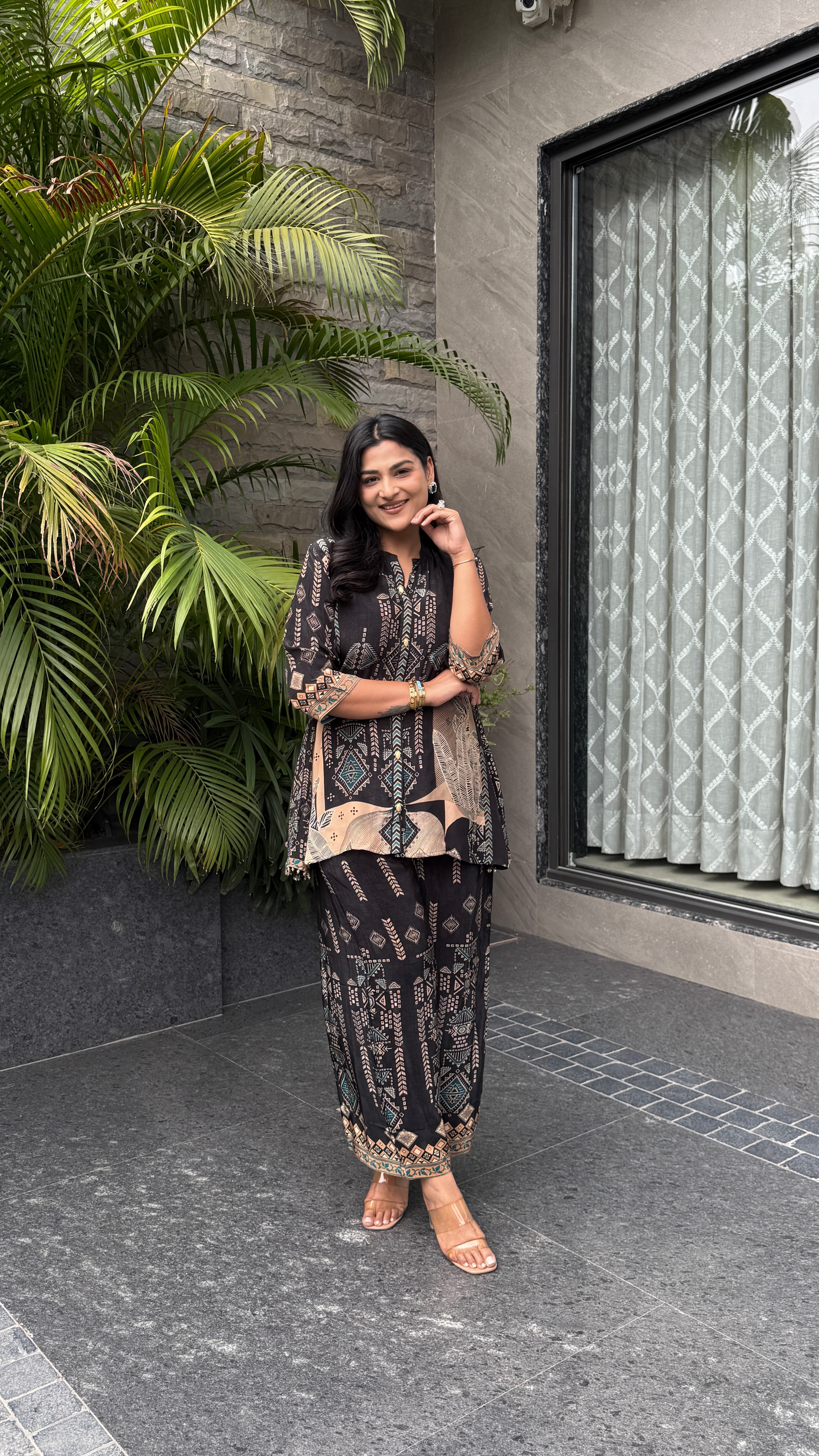 Aarke Black Geometric Crepe Cord Set