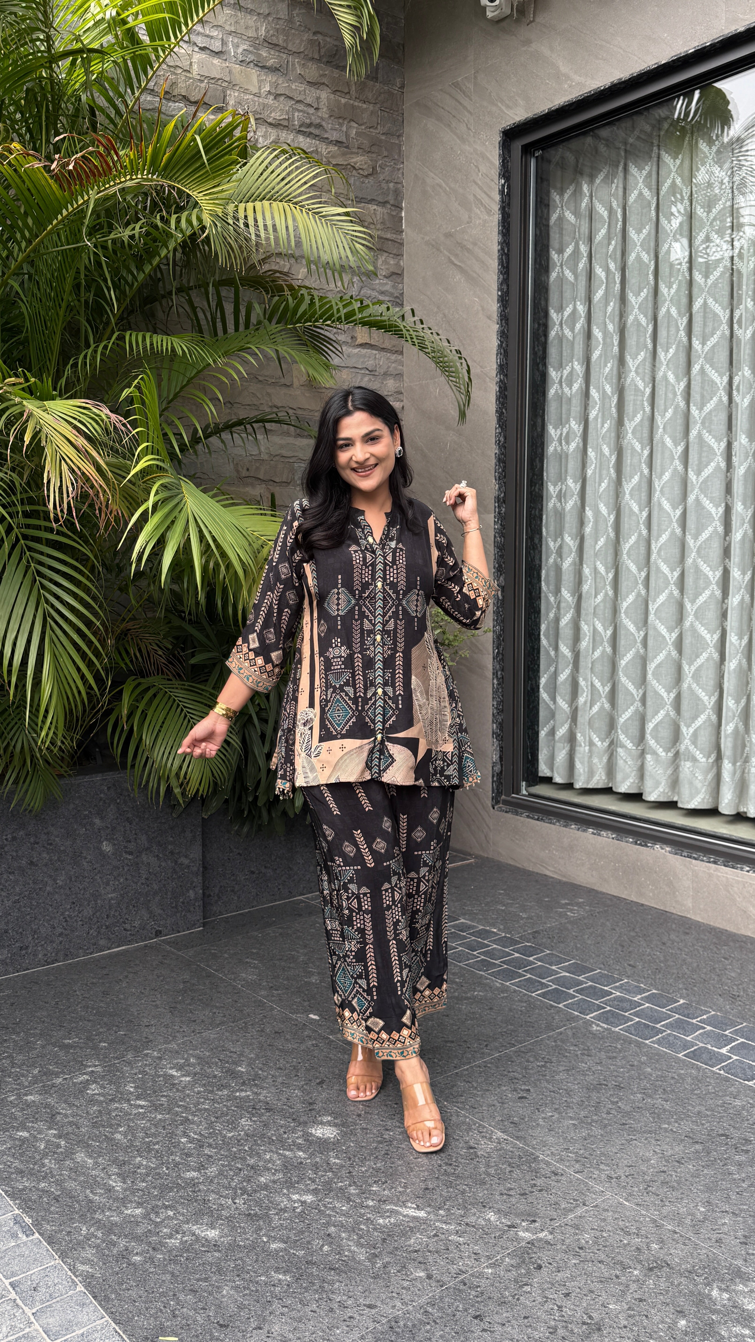 Aarke Black Geometric Crepe Cord Set