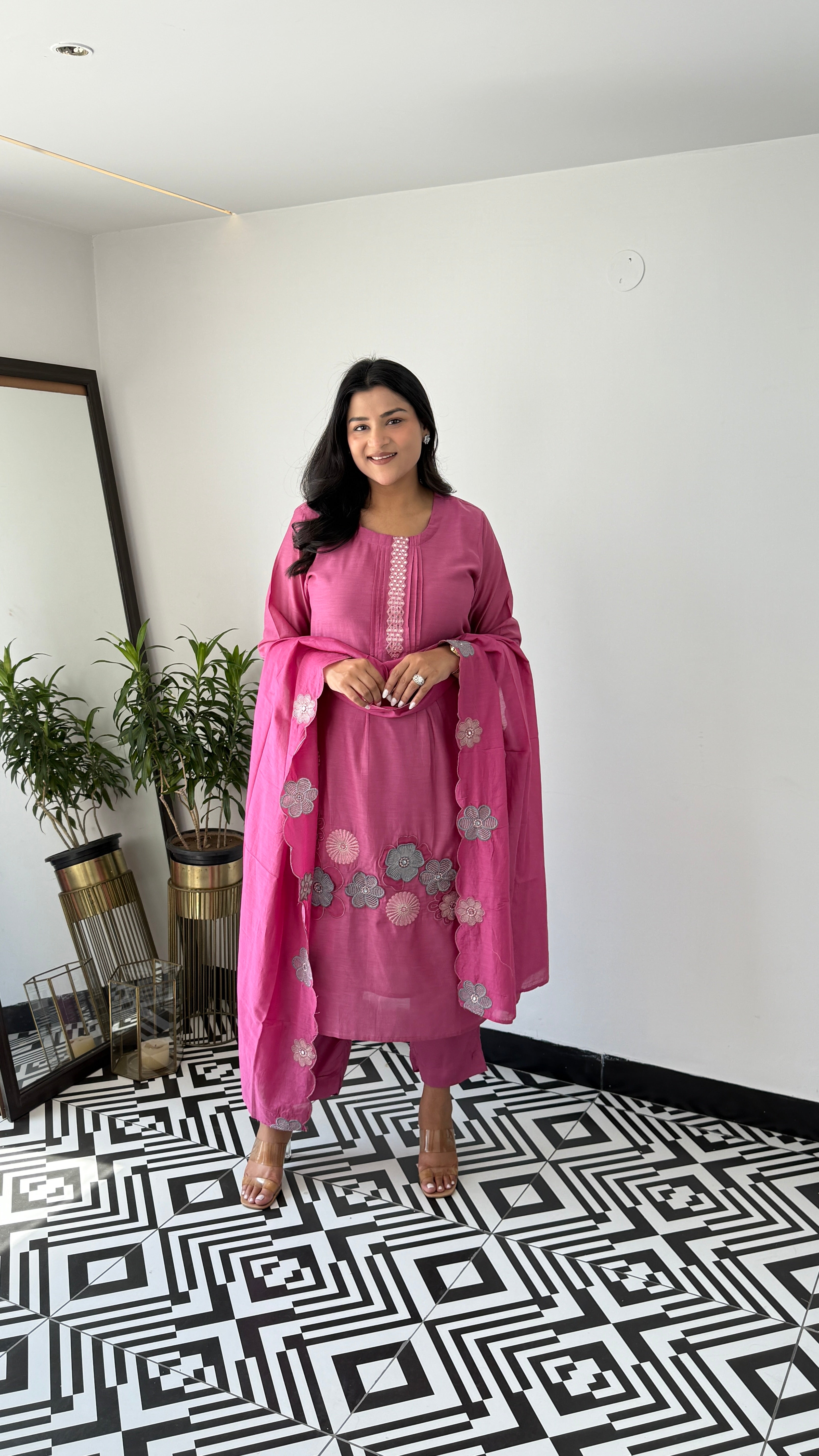 Pink Flower Appliqué Premium Suit Set