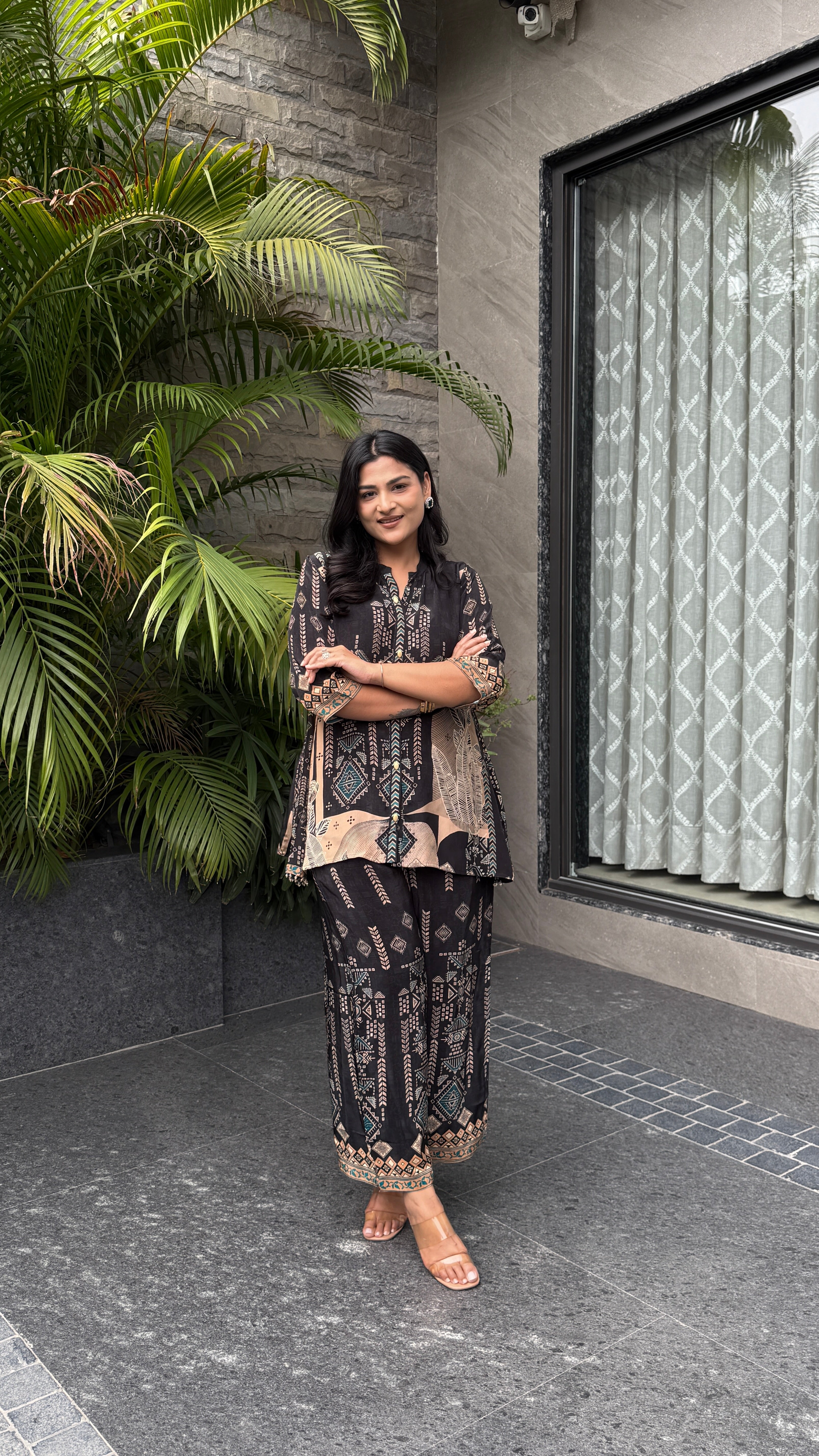 Aarke Black Geometric Crepe Cord Set