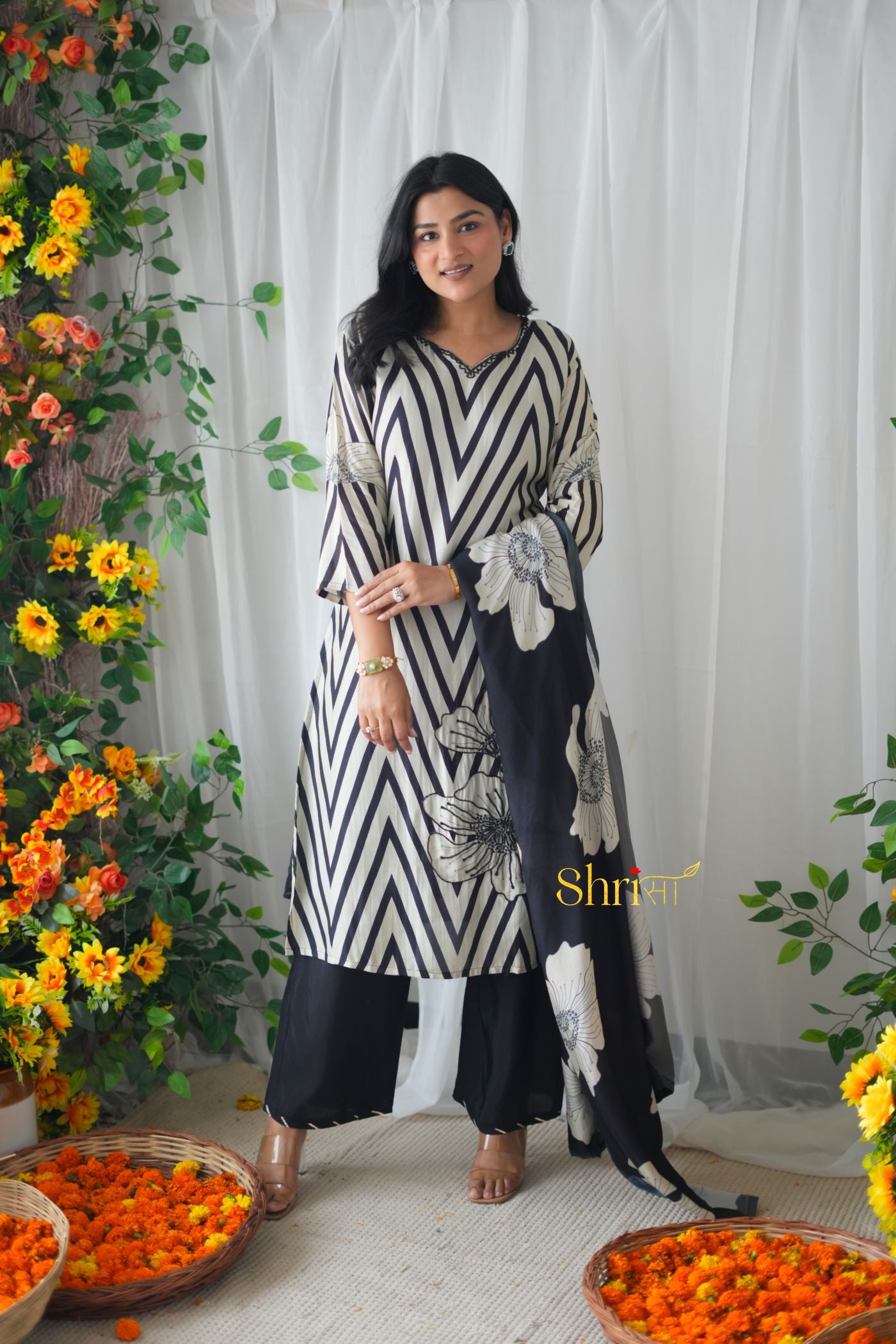 Black Zig Zag Muslin Suit Set