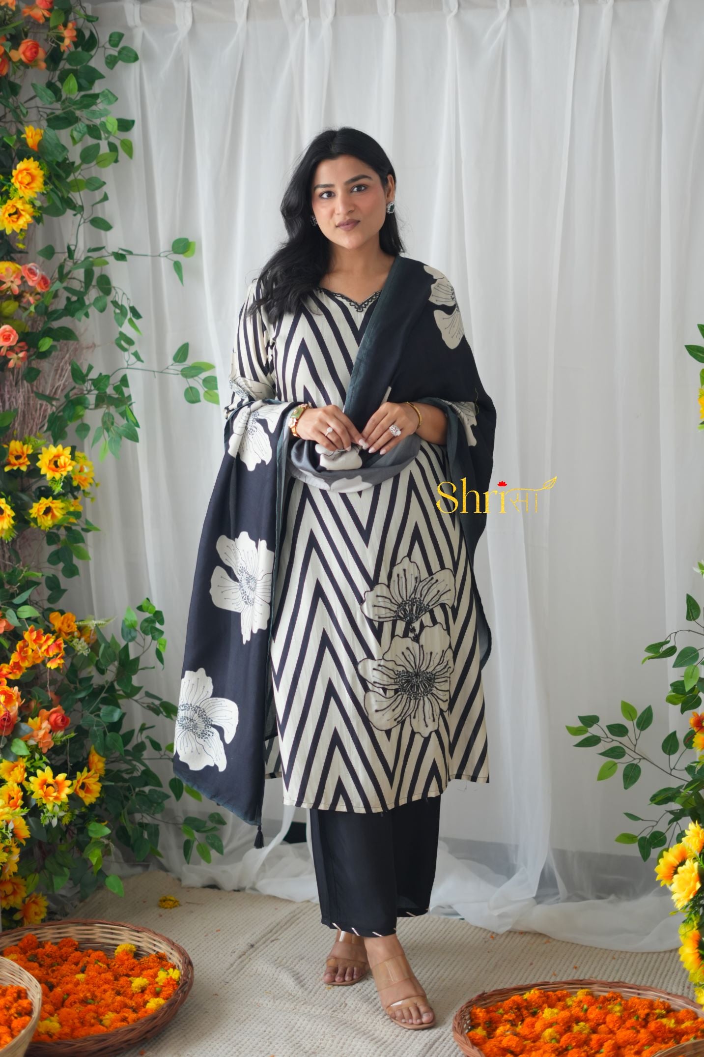 Black Zig Zag Muslin Suit Set
