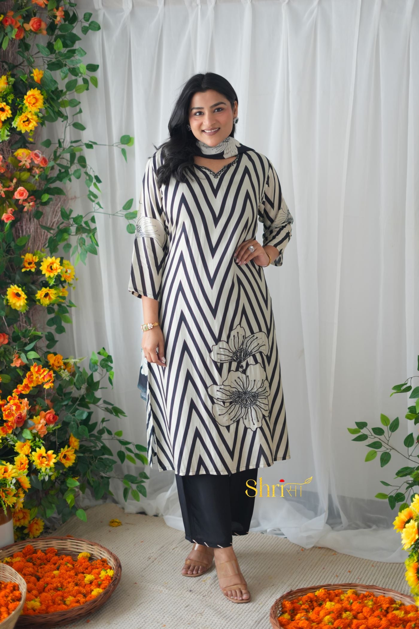 Black Zig Zag Muslin Suit Set