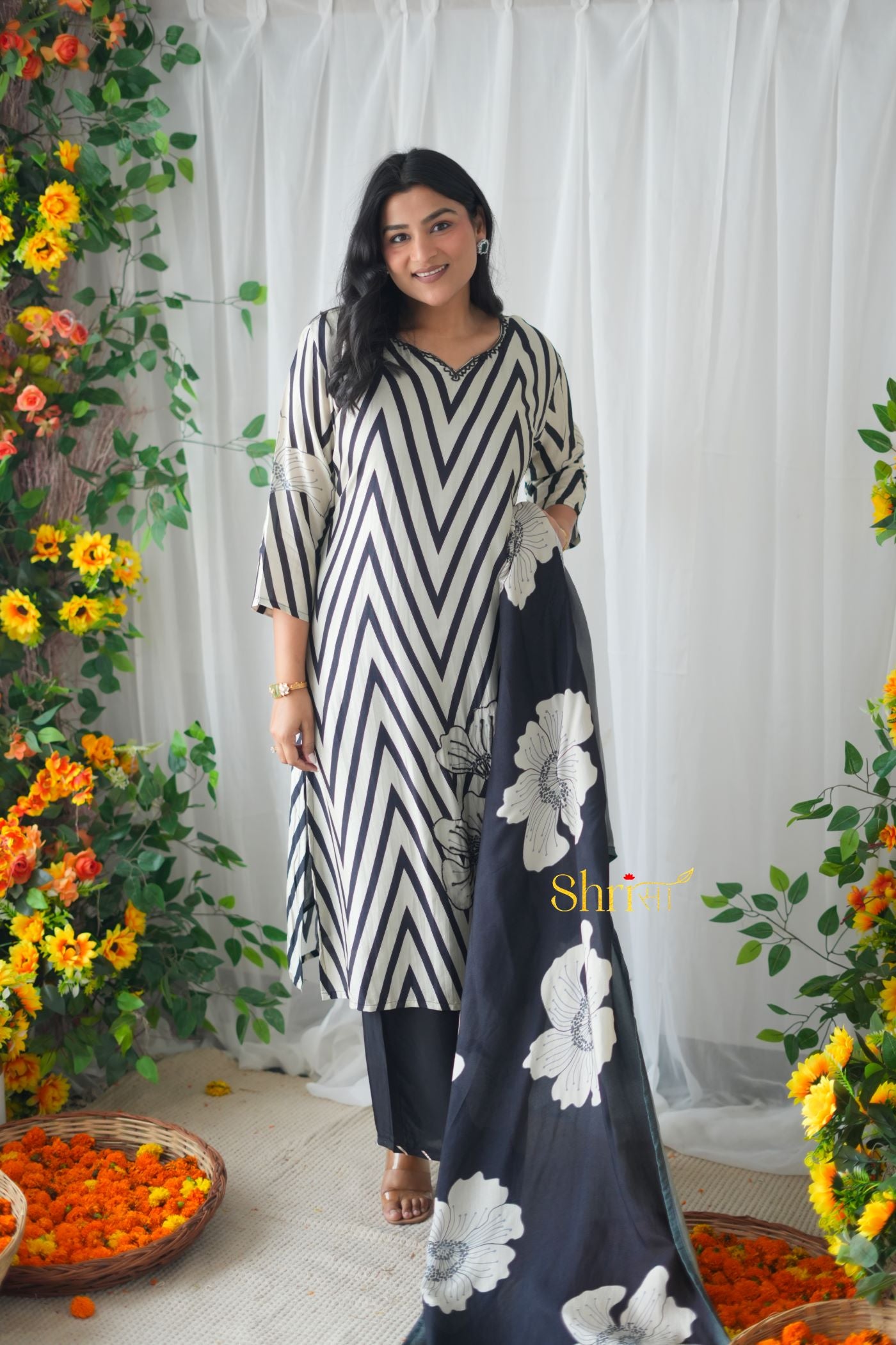 Black Zig Zag Muslin Suit Set