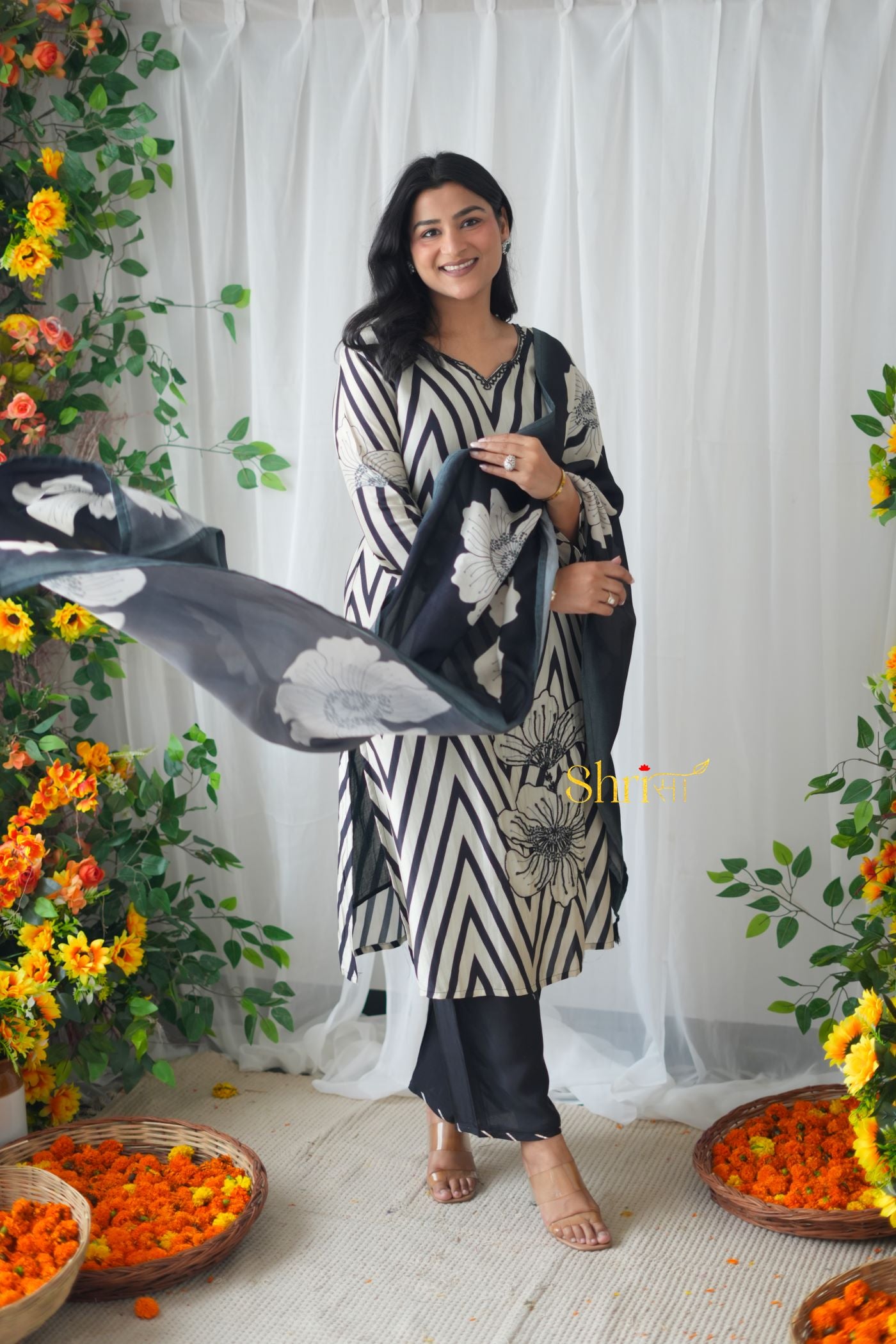 Black Zig Zag Muslin Suit Set