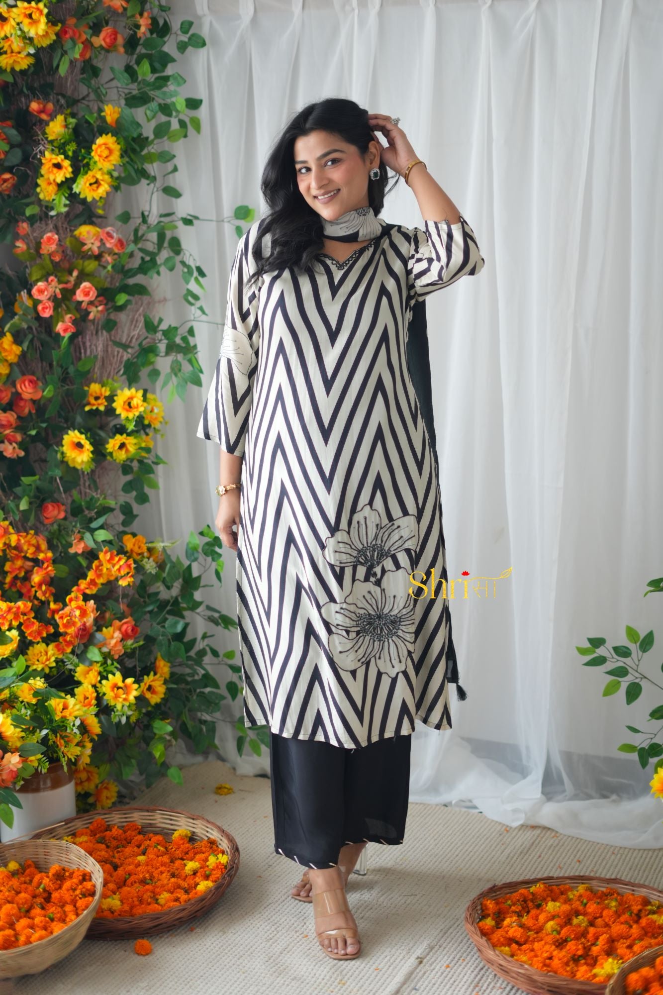 Black Zig Zag Muslin Suit Set