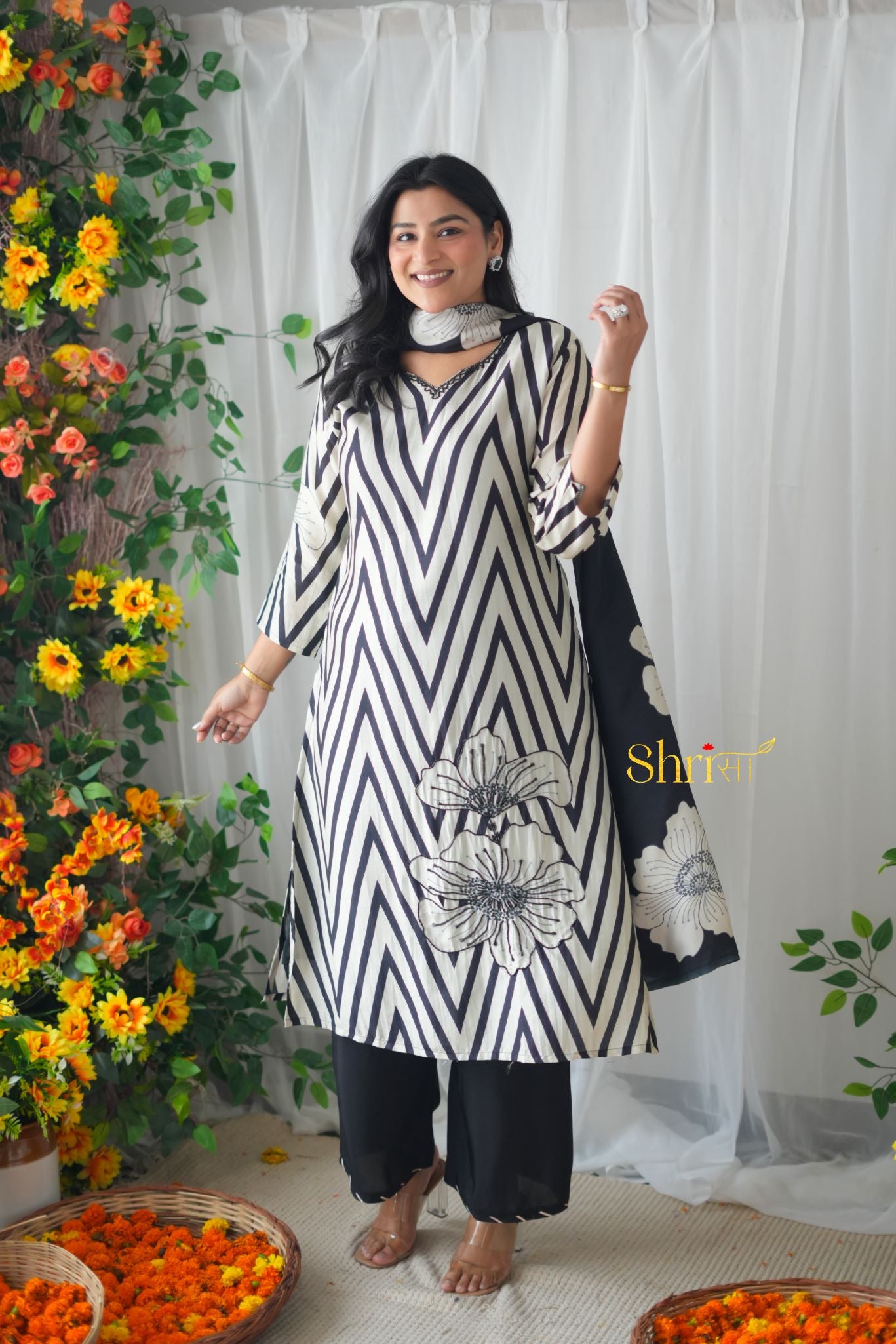 Black Zig Zag Muslin Suit Set