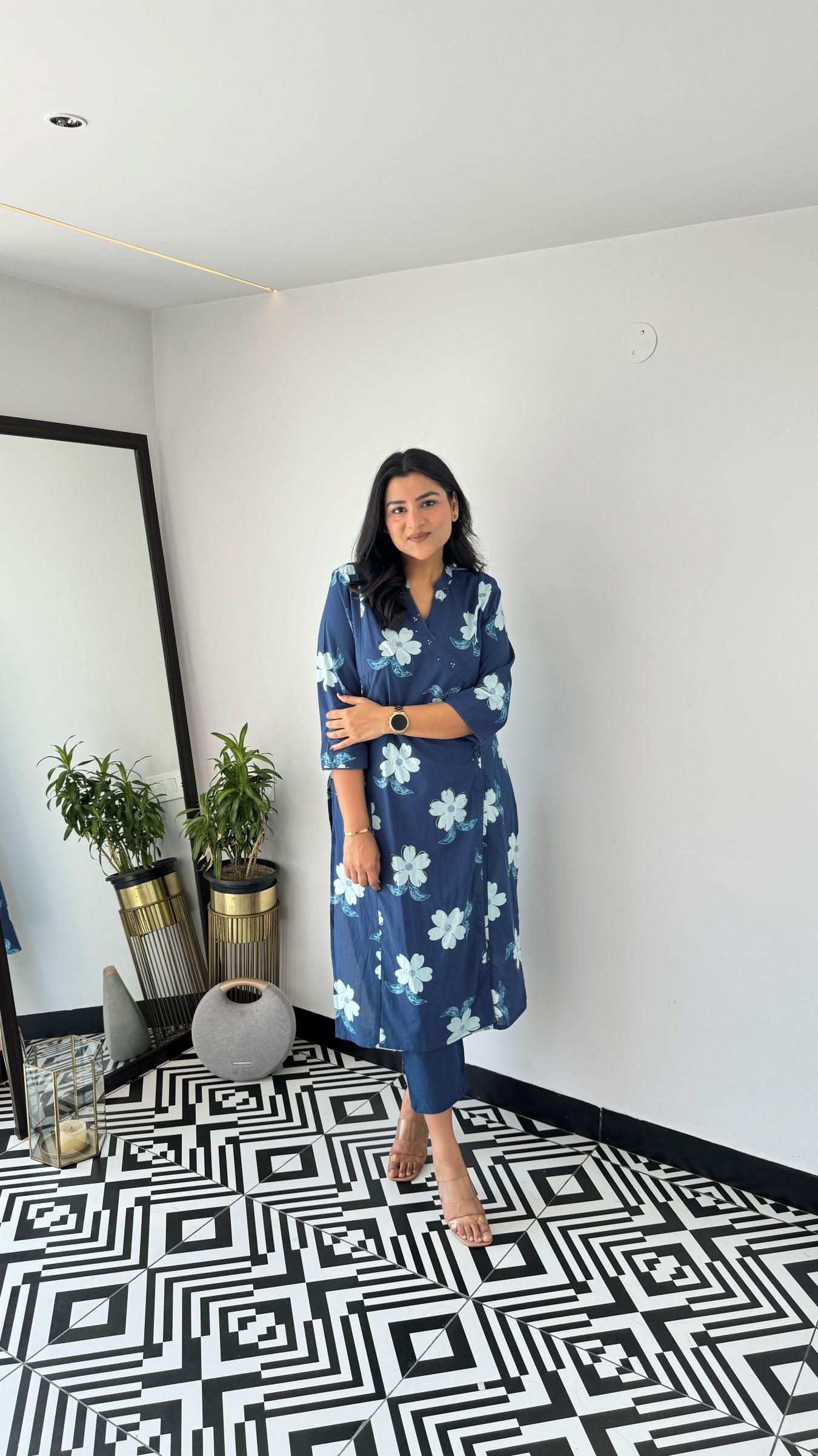 Blue Flower Angrakha Kurta Set