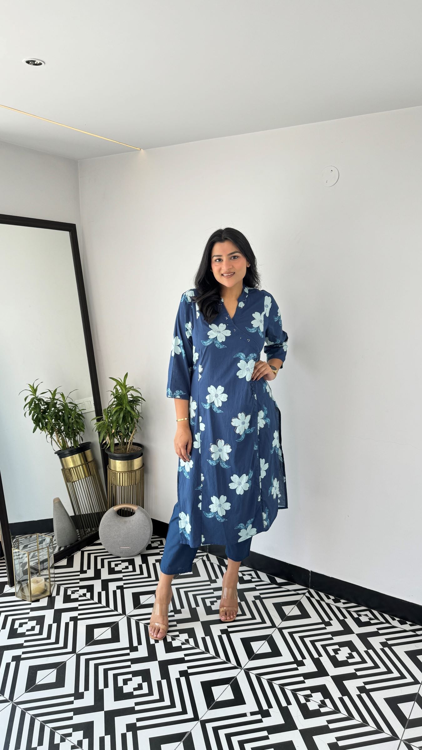 Blue Flower Angrakha Kurta Set
