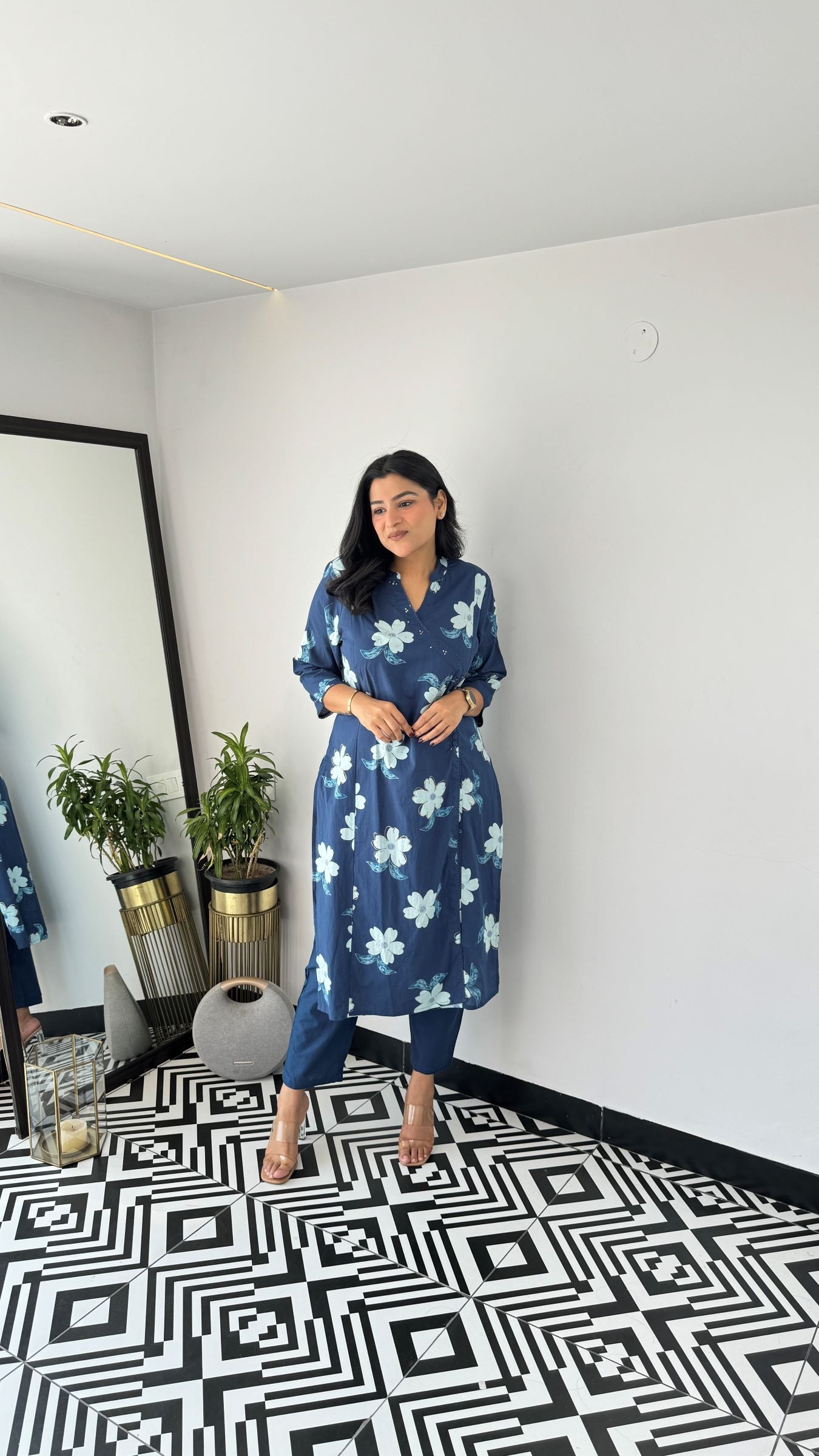 Blue Flower Angrakha Kurta Set