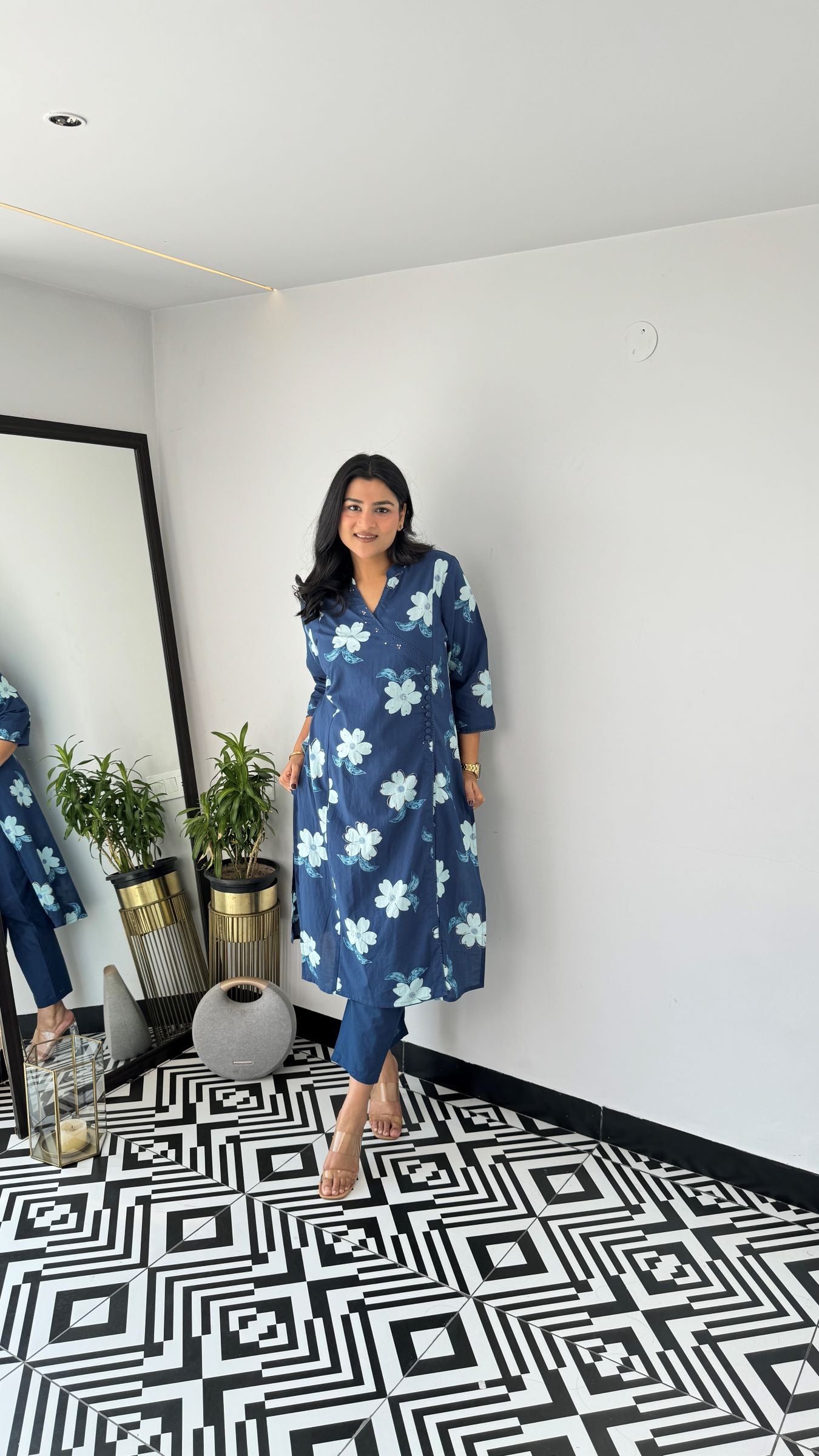 Blue Flower Angrakha Kurta Set