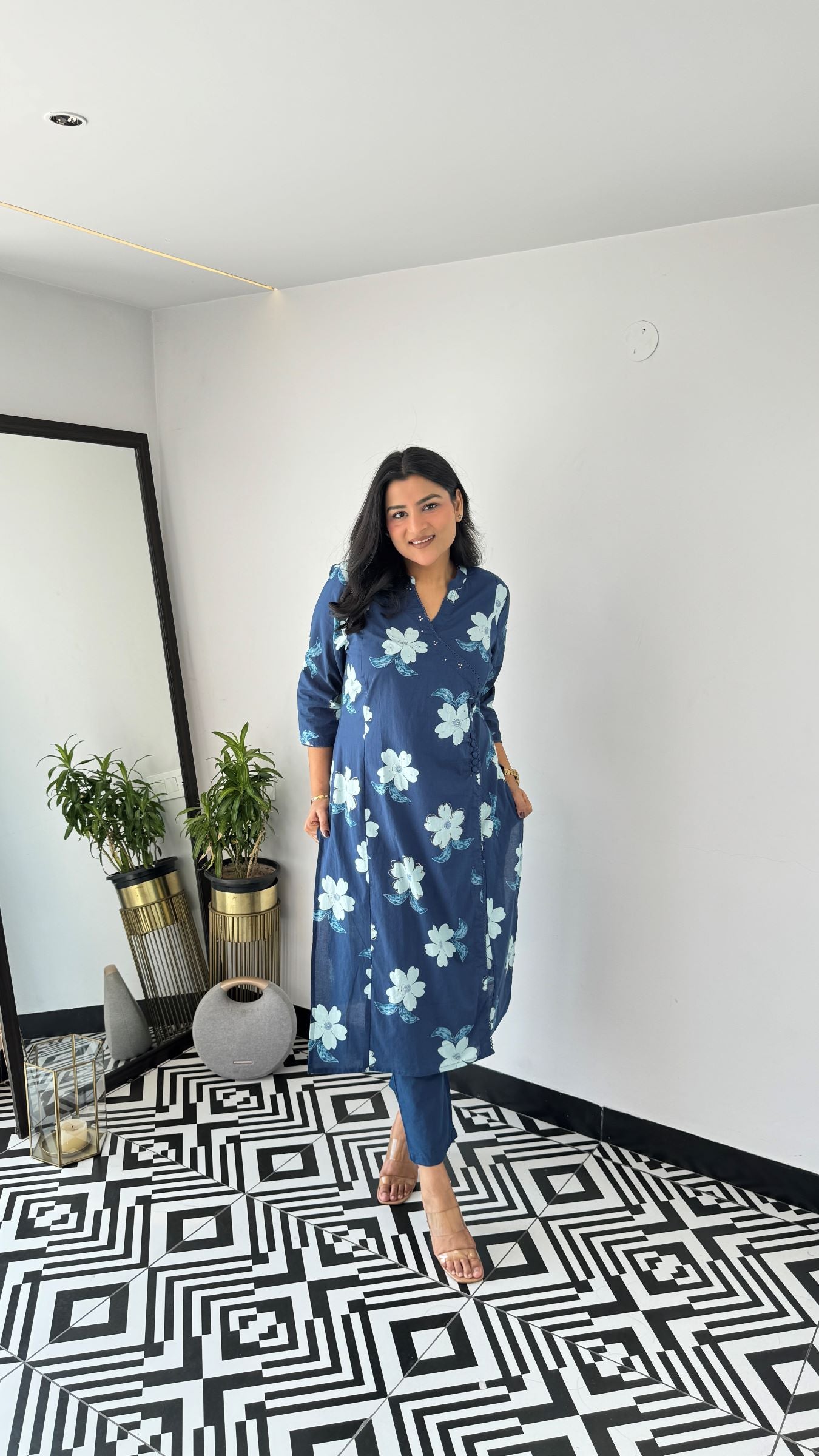 Blue Flower Angrakha Kurta Set