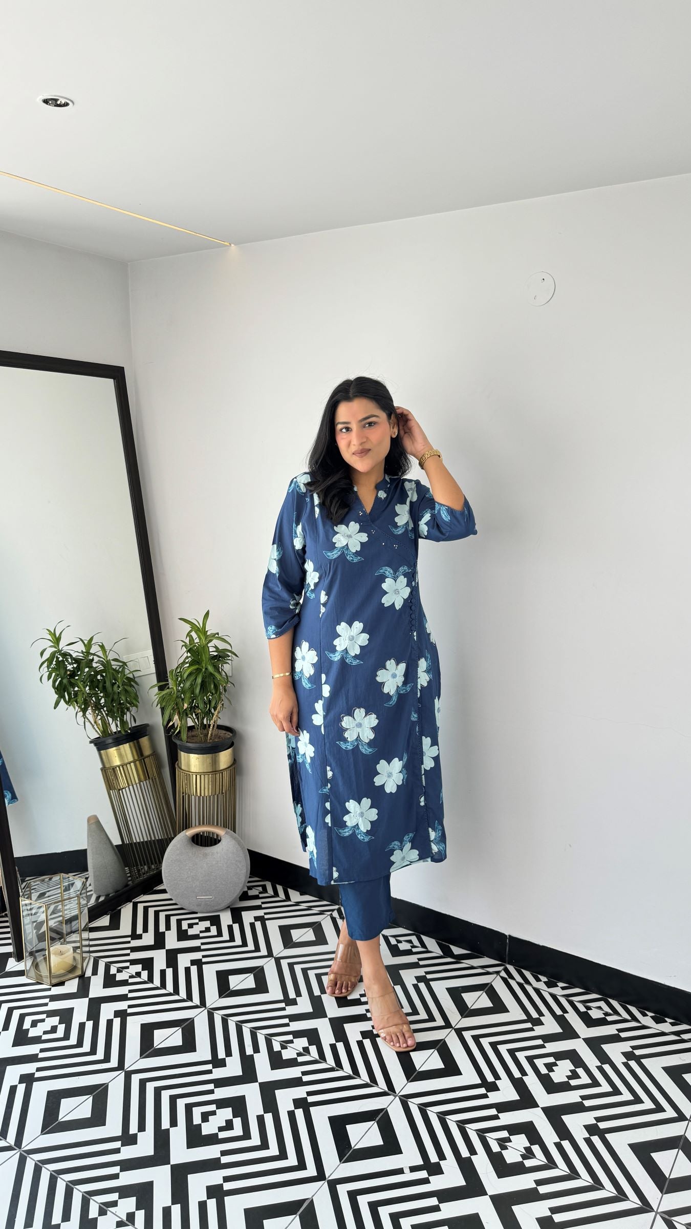 Blue Flower Angrakha Kurta Set