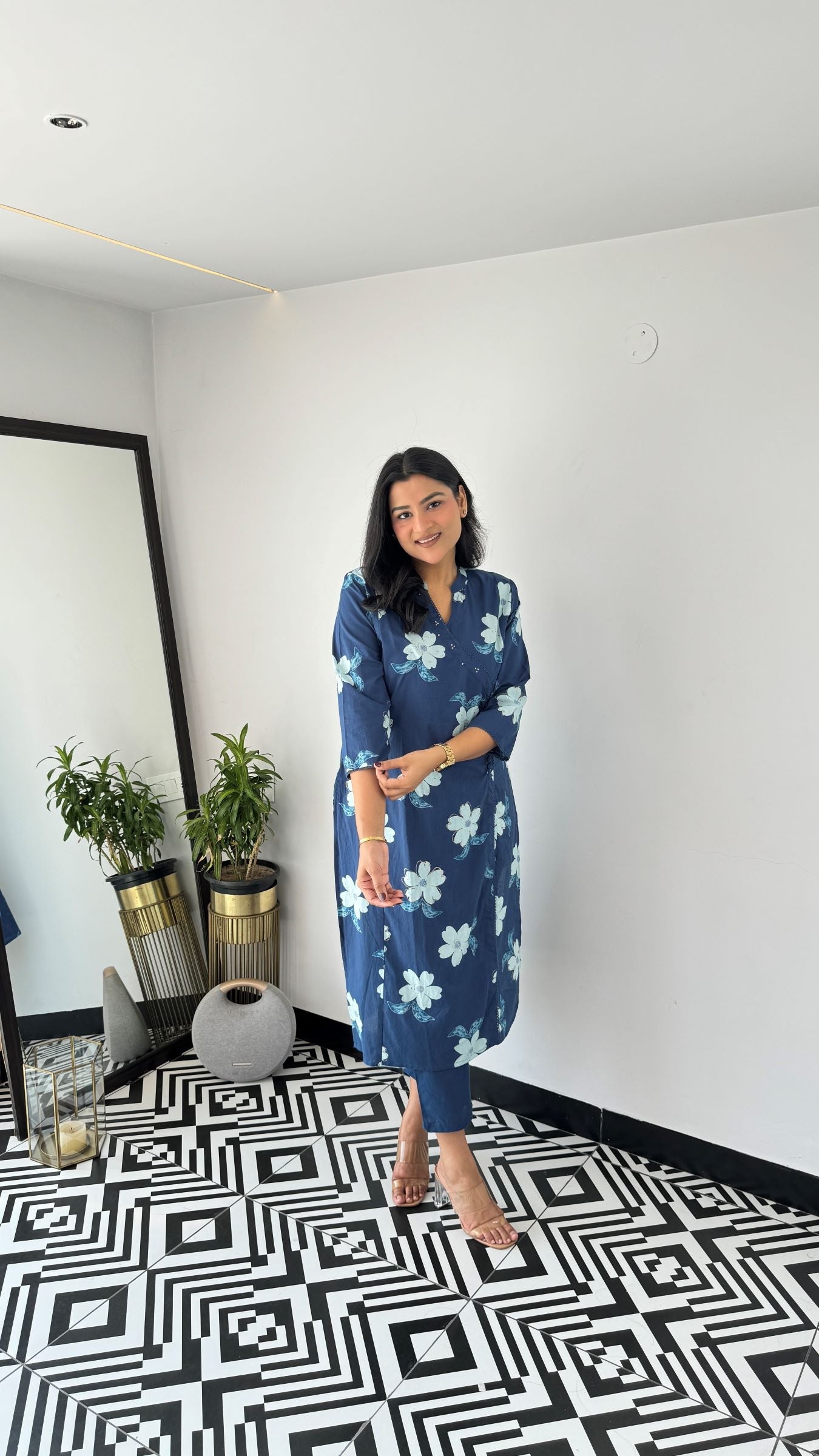 Blue Flower Angrakha Kurta Set