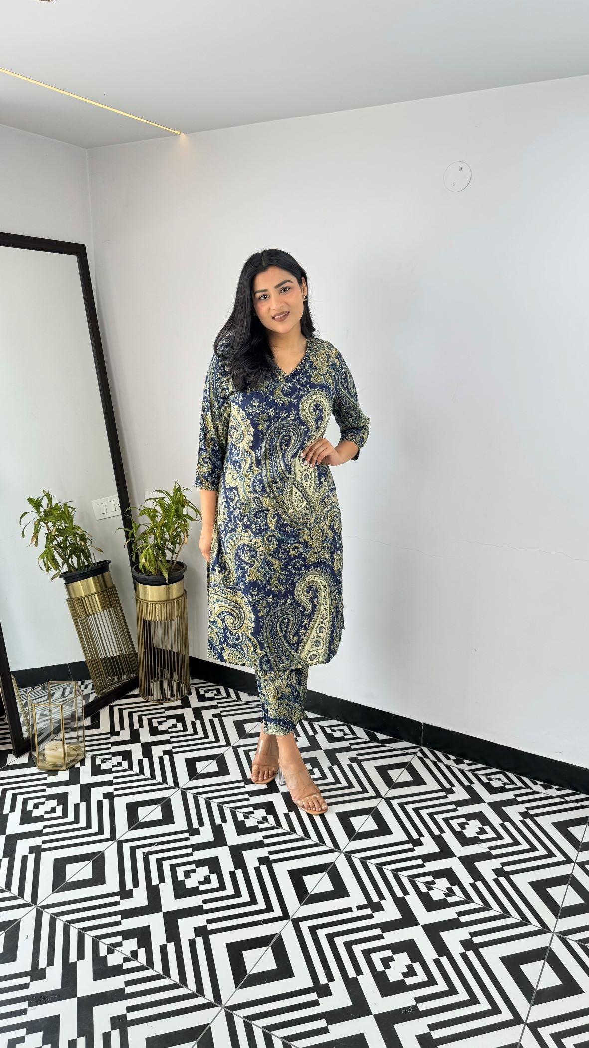 Turkish Blue Green V-Neck Kurta Set