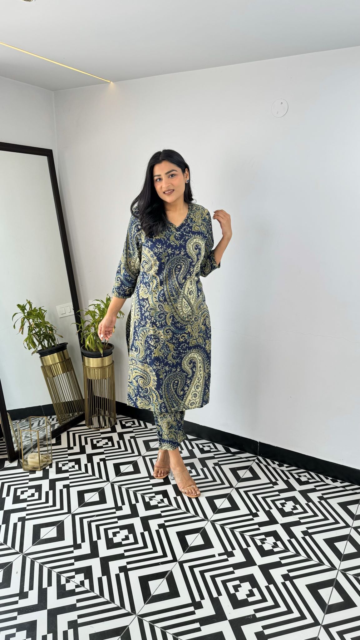 Turkish Blue Green V-Neck Kurta Set