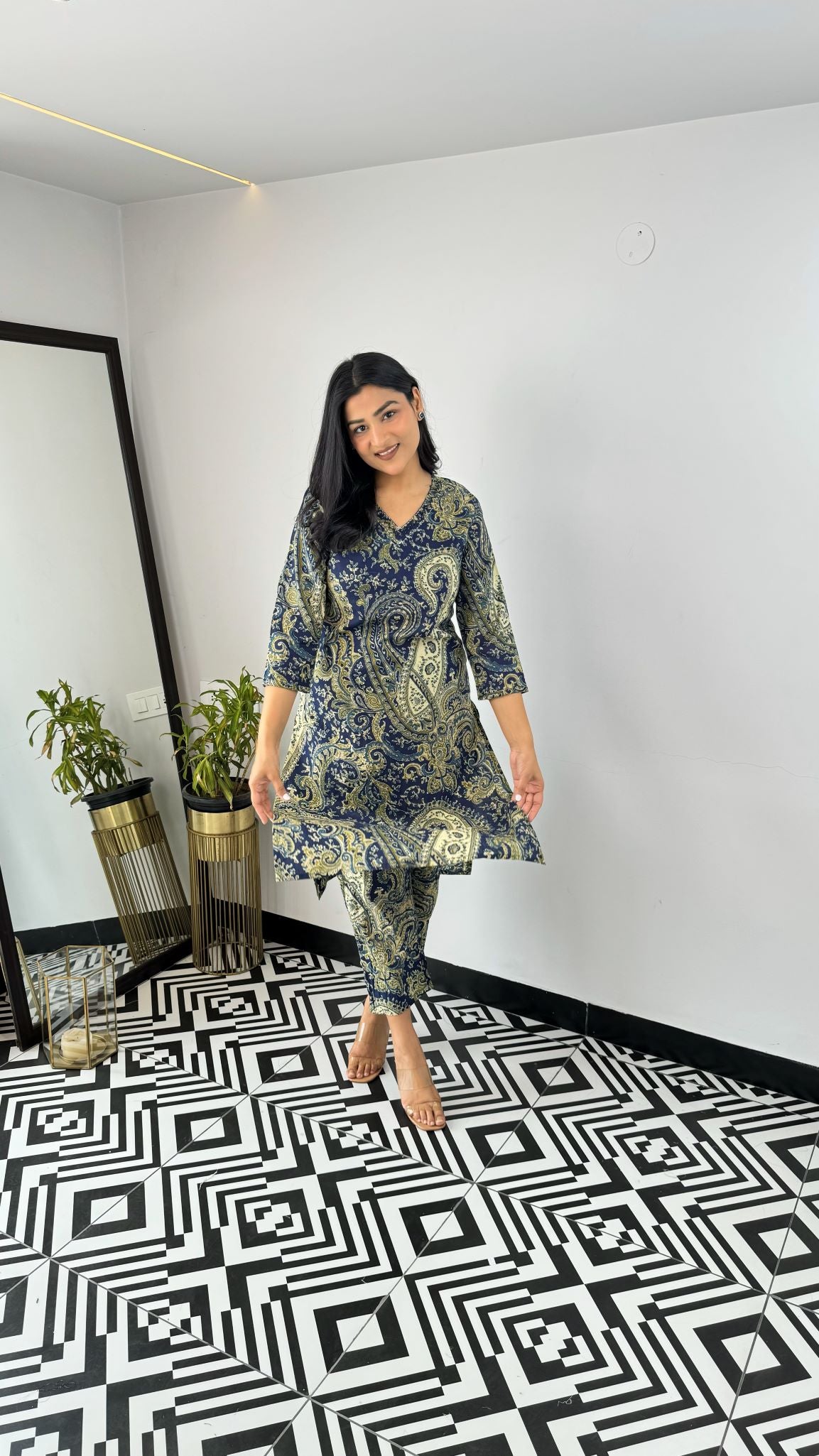 Turkish Blue Green V-Neck Kurta Set