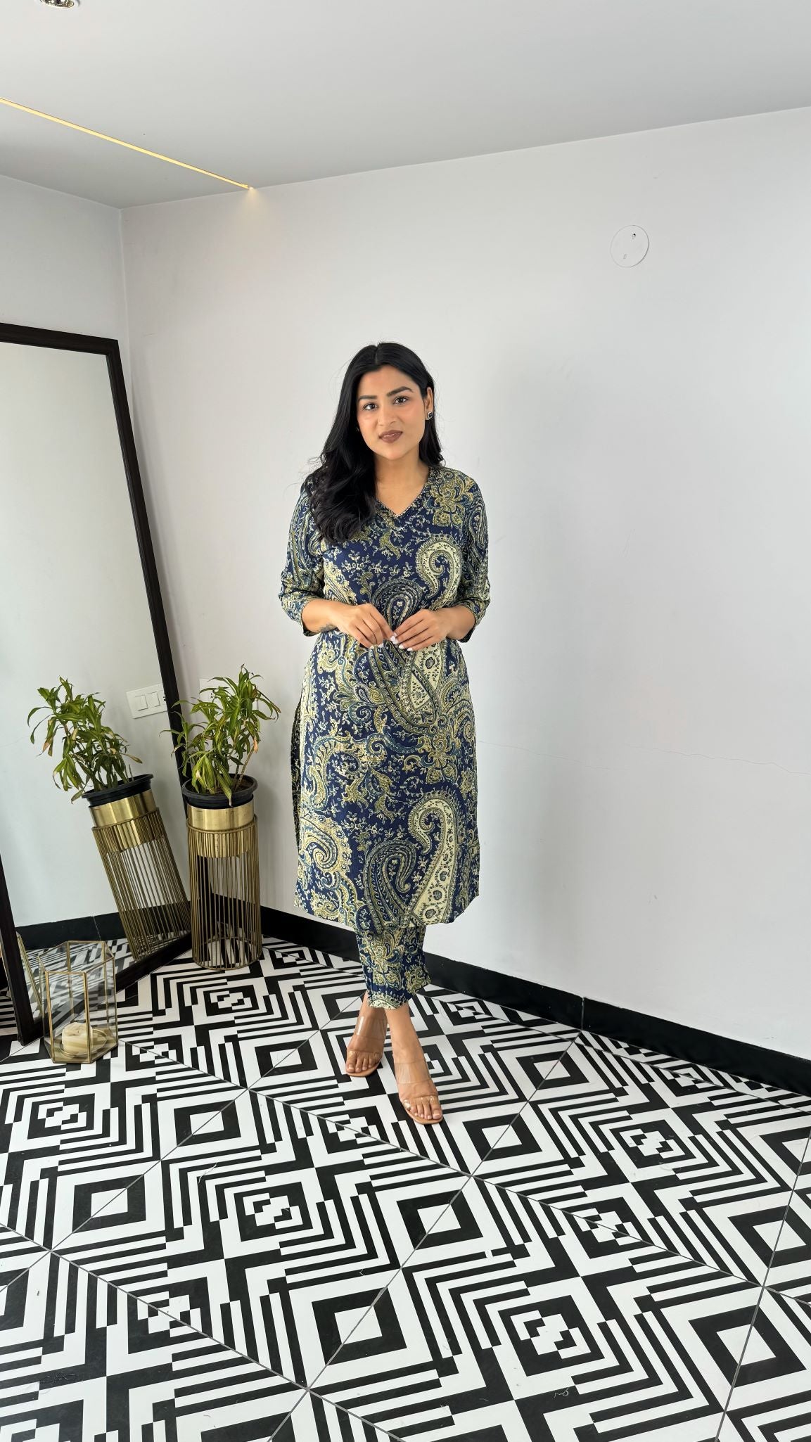 Turkish Blue Green V-Neck Kurta Set