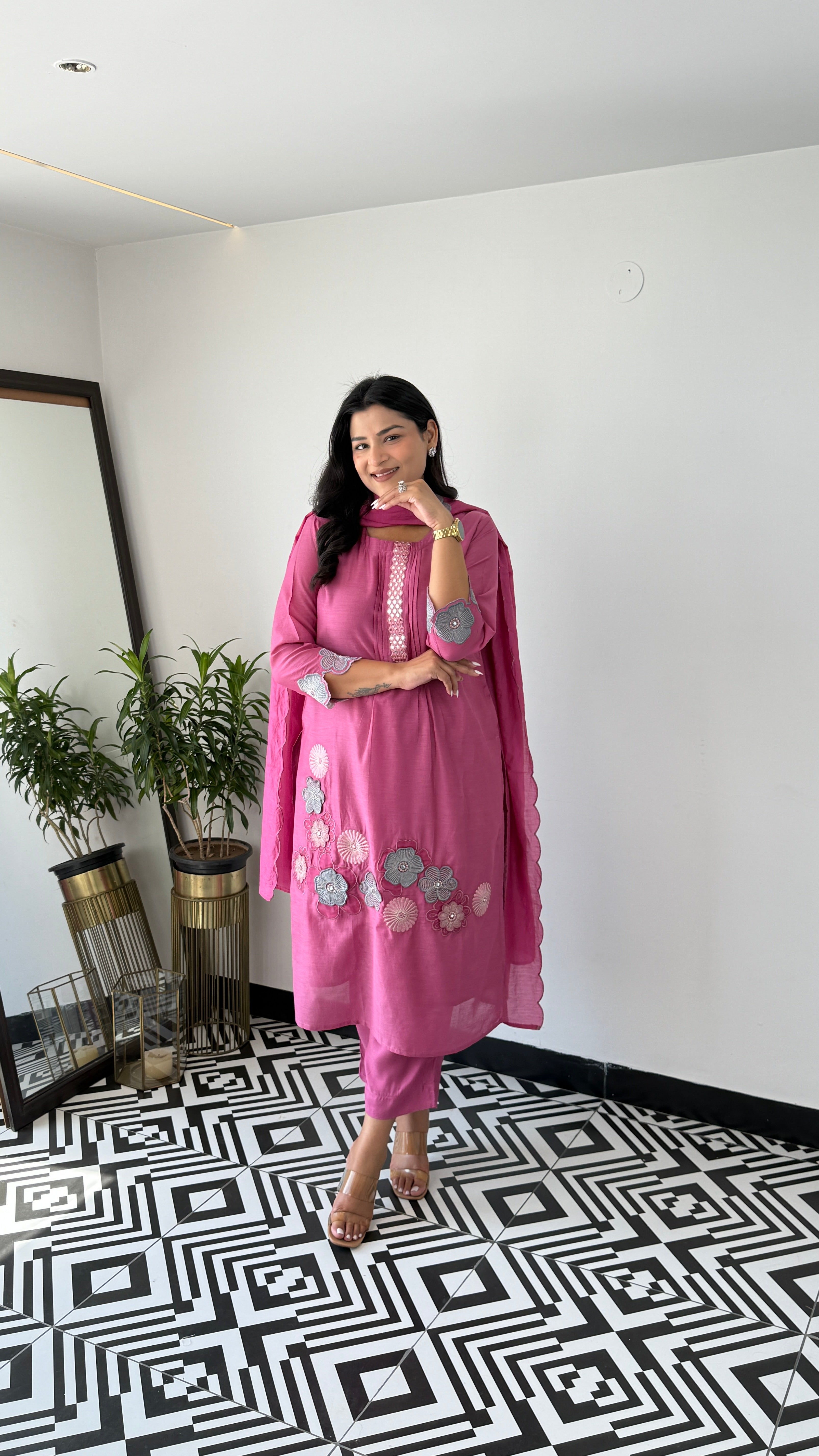 Pink Flower Appliqué Premium Suit Set