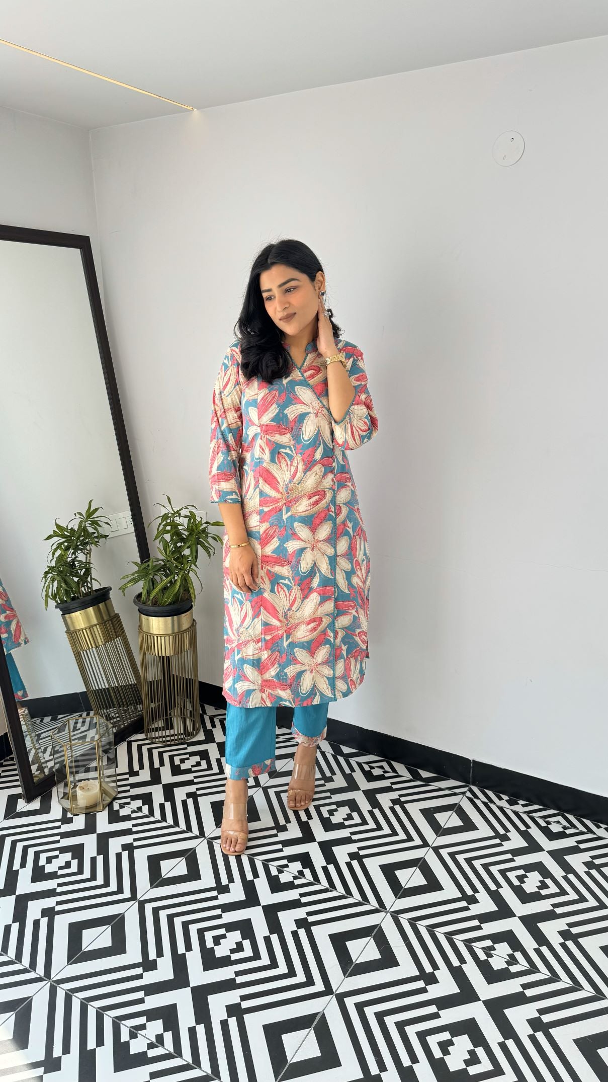 Firozi Petal Angrakha Kurta Set