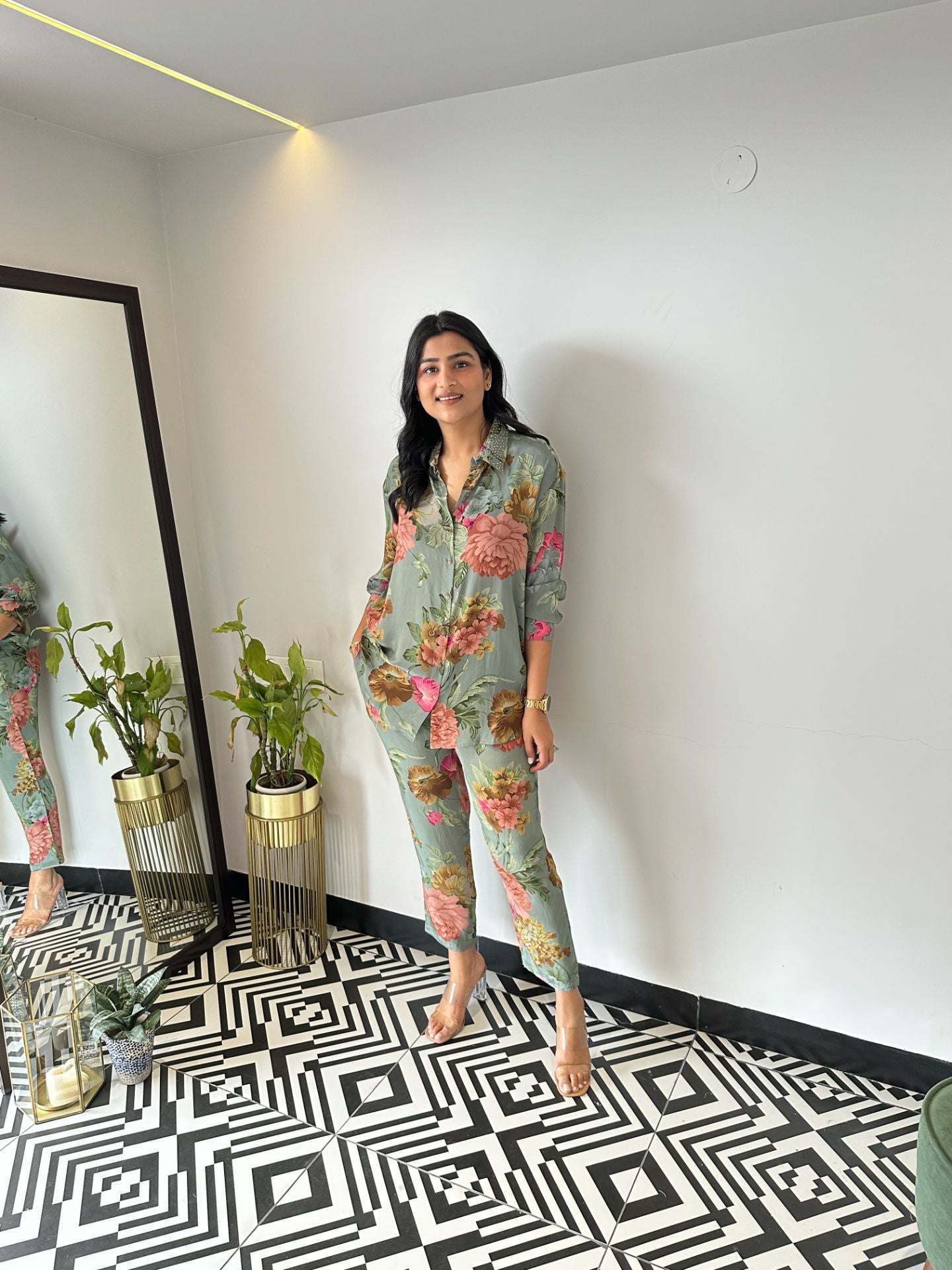 Green Floral Crepe Cord Set