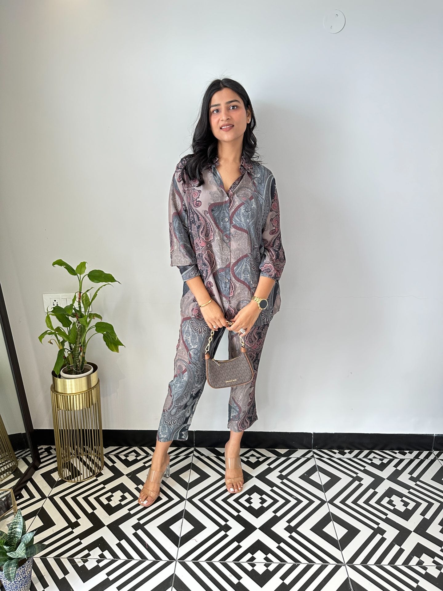 Grey Multi Print Crepe Cord Set