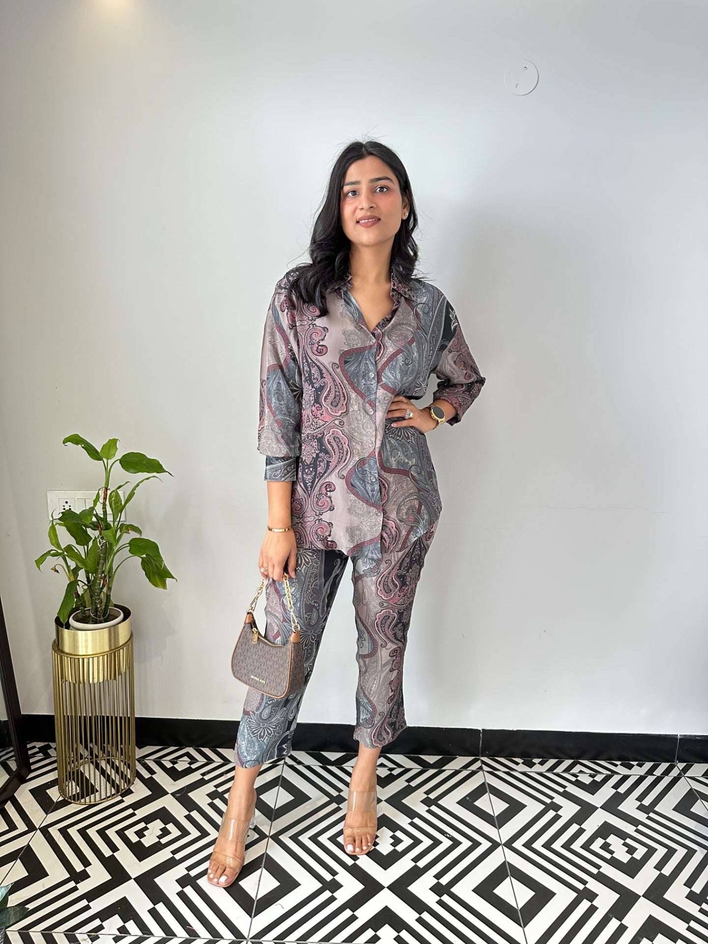 Grey Multi Print Crepe Cord Set