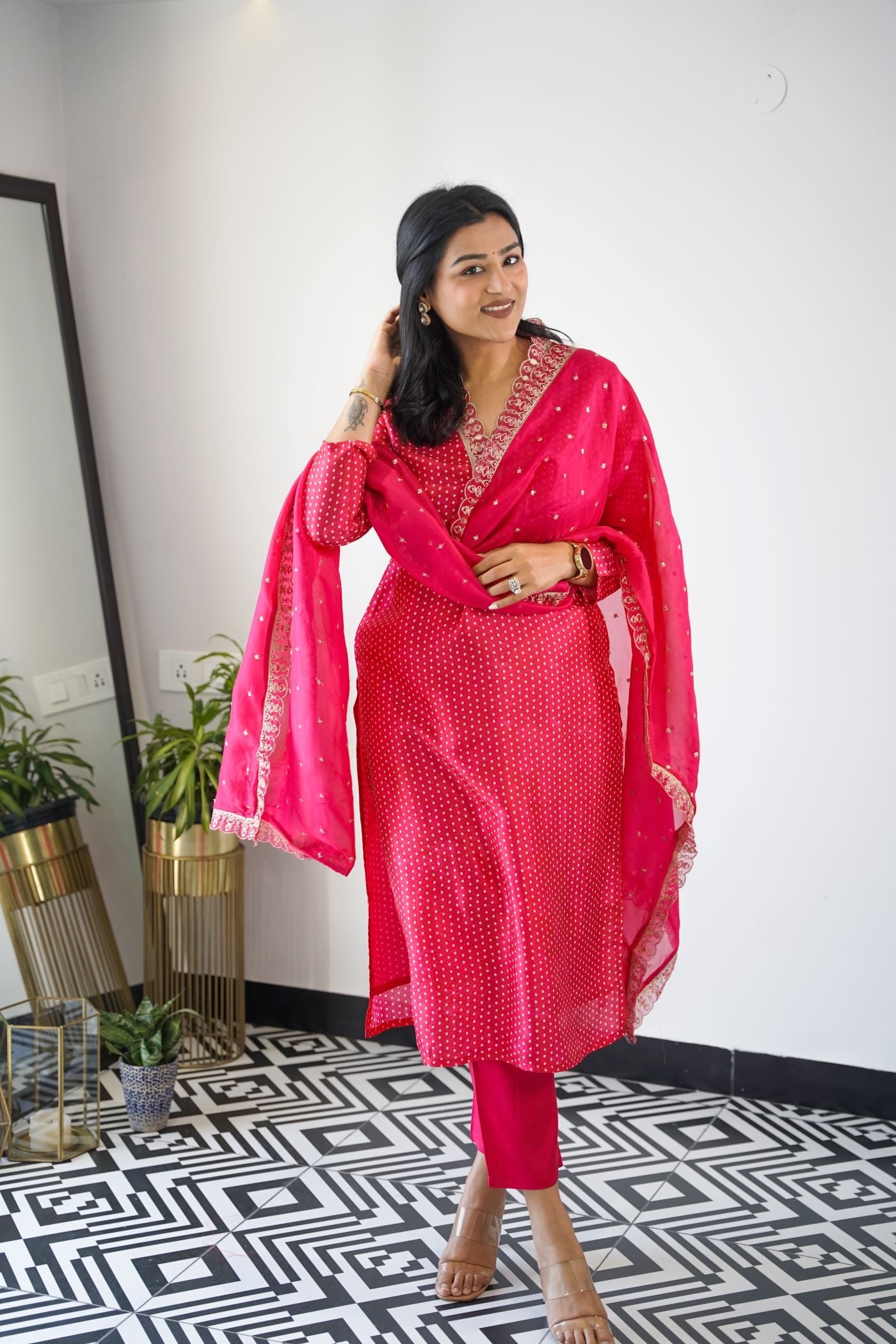 Hot Pink Bandhej Suit Set shrisa.in