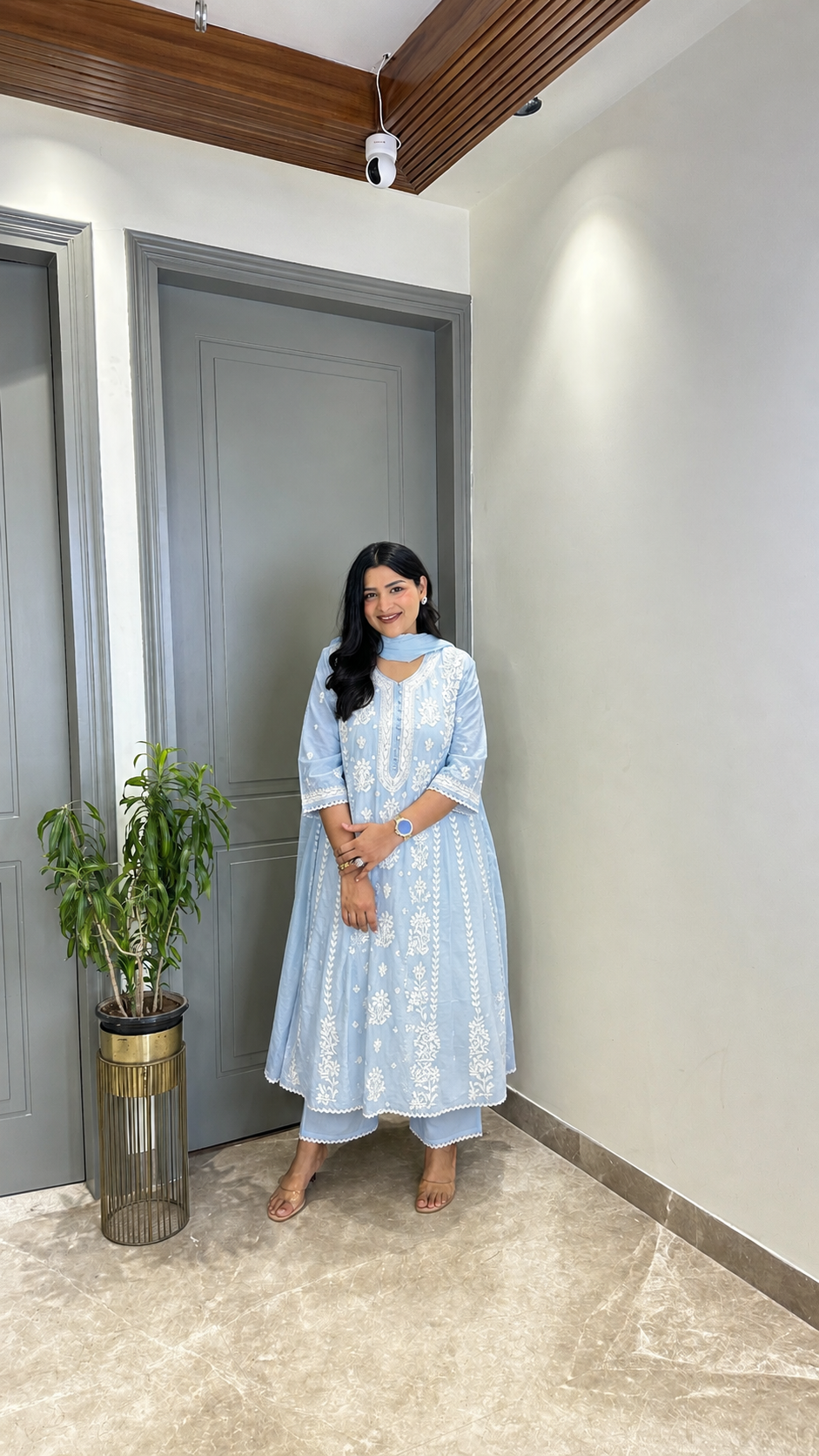 Powder Blue Lucknavi Anarkali Suit Set shrisa.in
