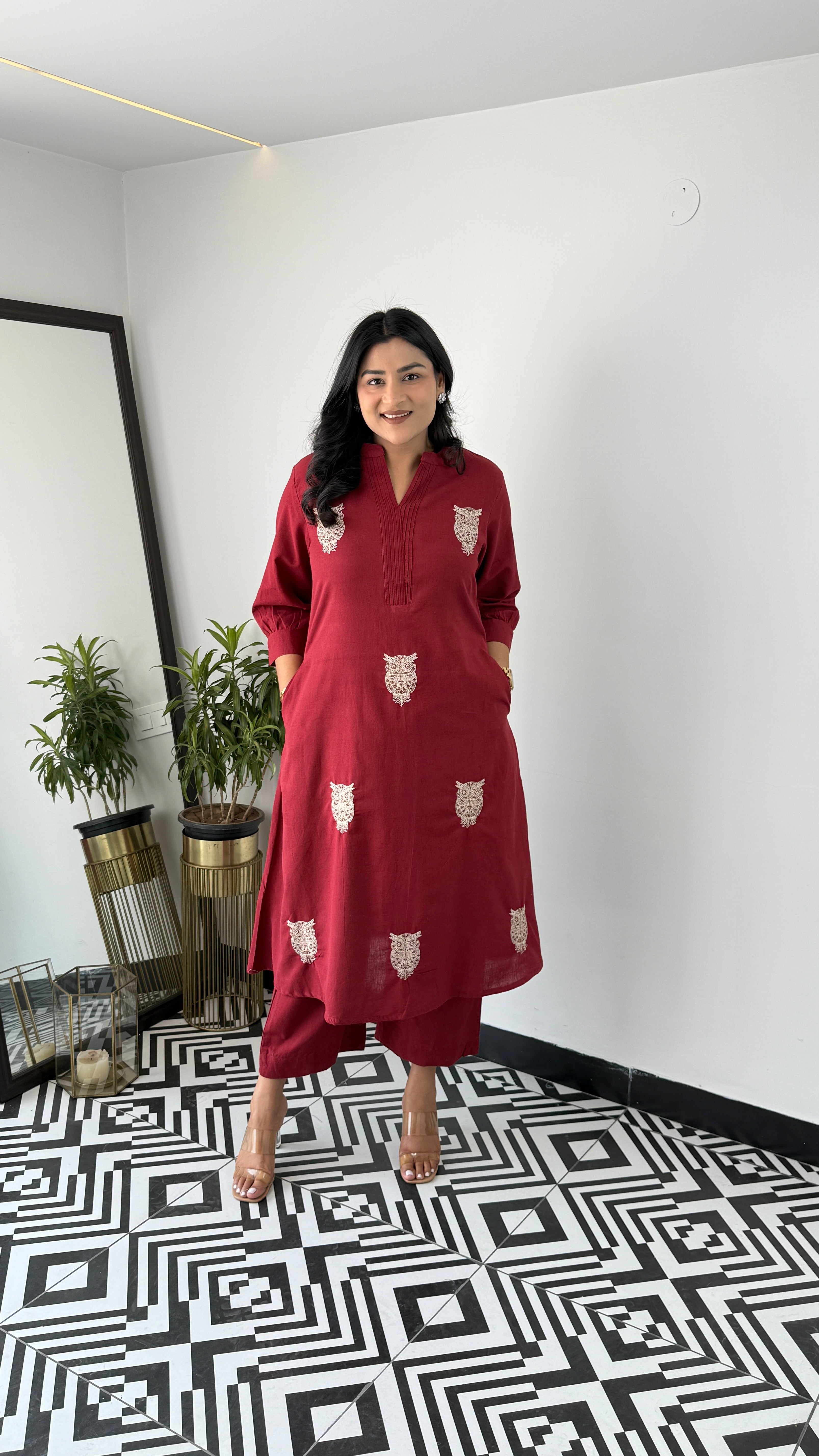 Owl Maroon Kurta Pants
