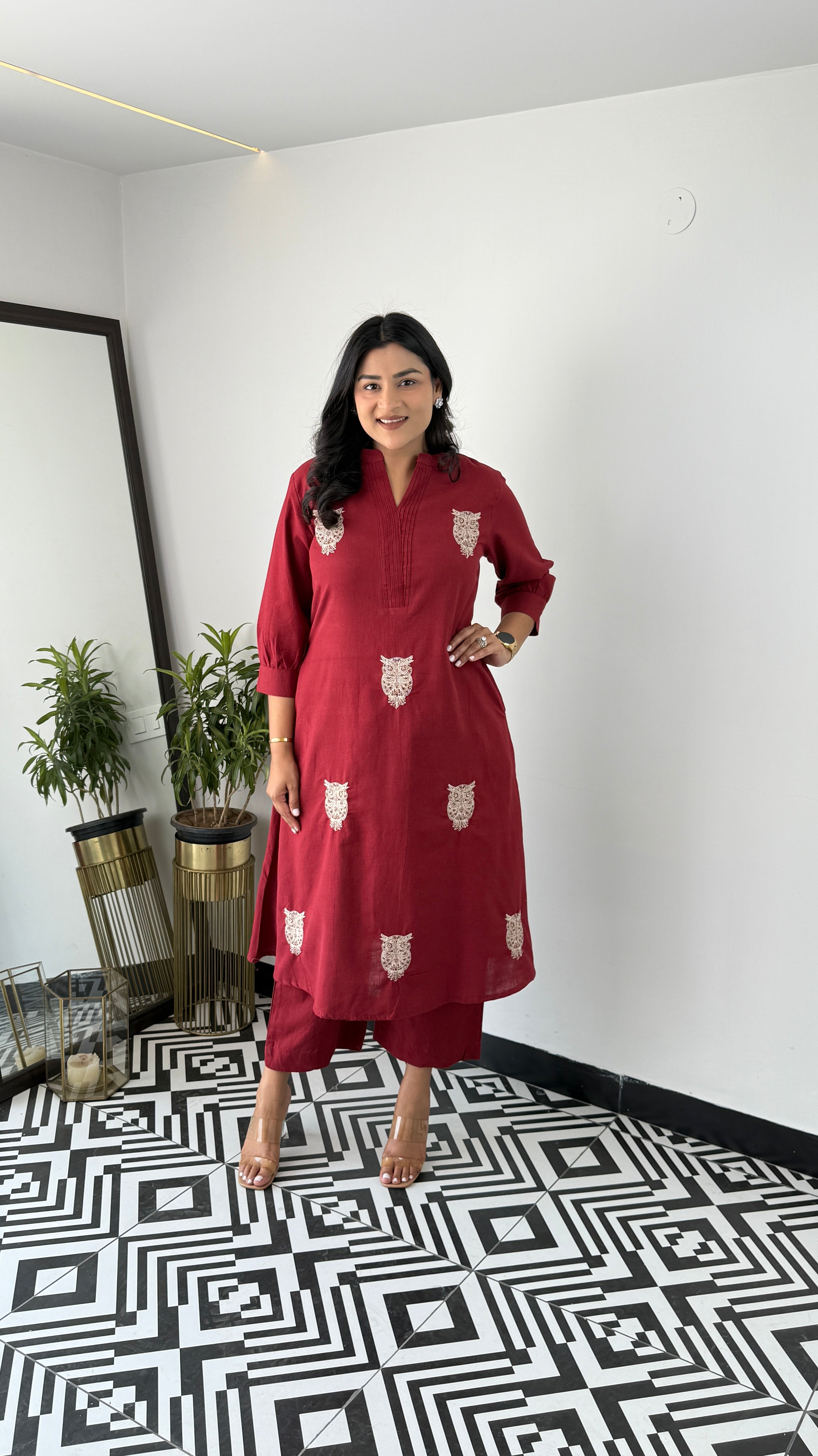 Owl Maroon Kurta Pants