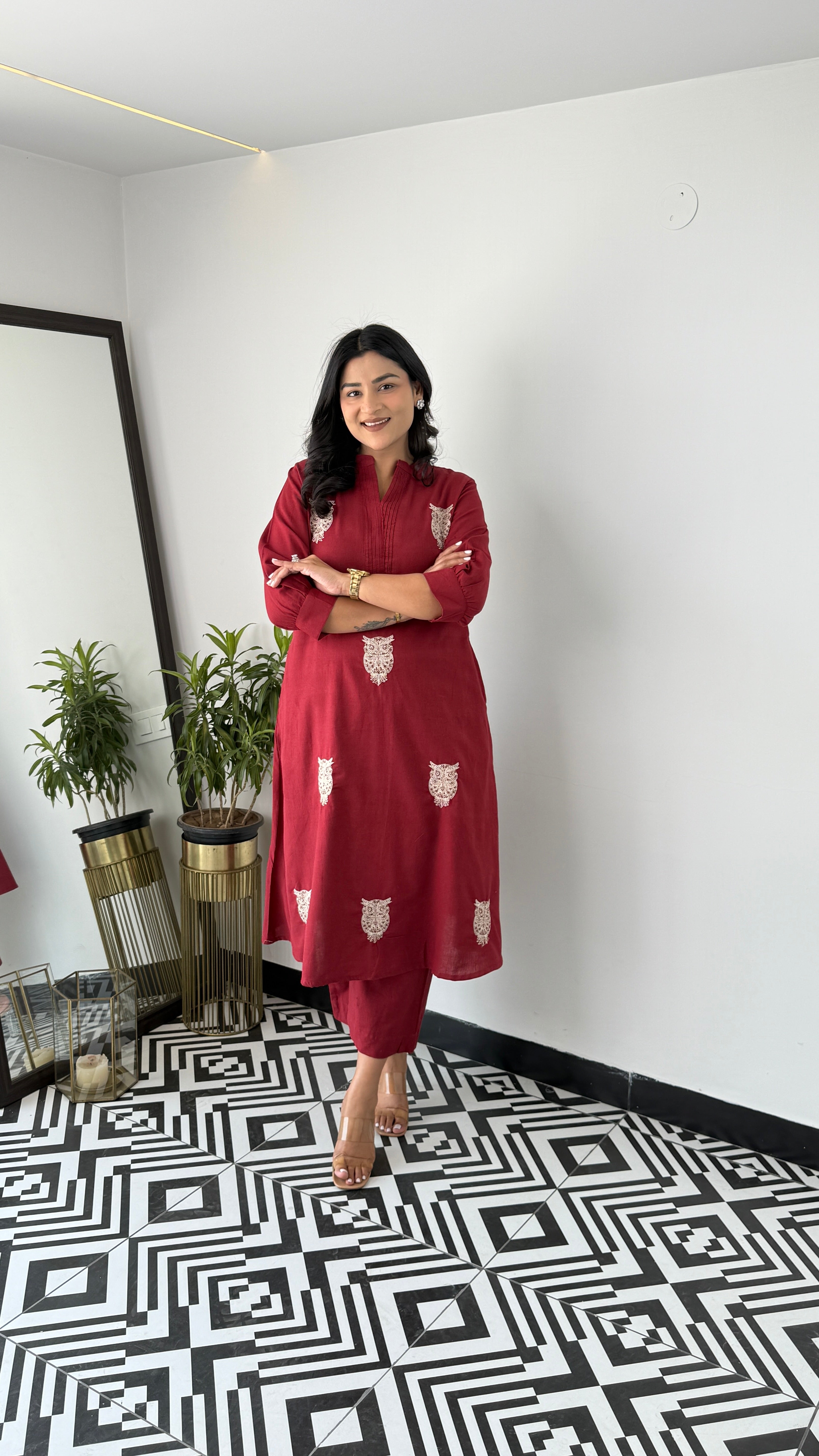 Owl Maroon Kurta Pants