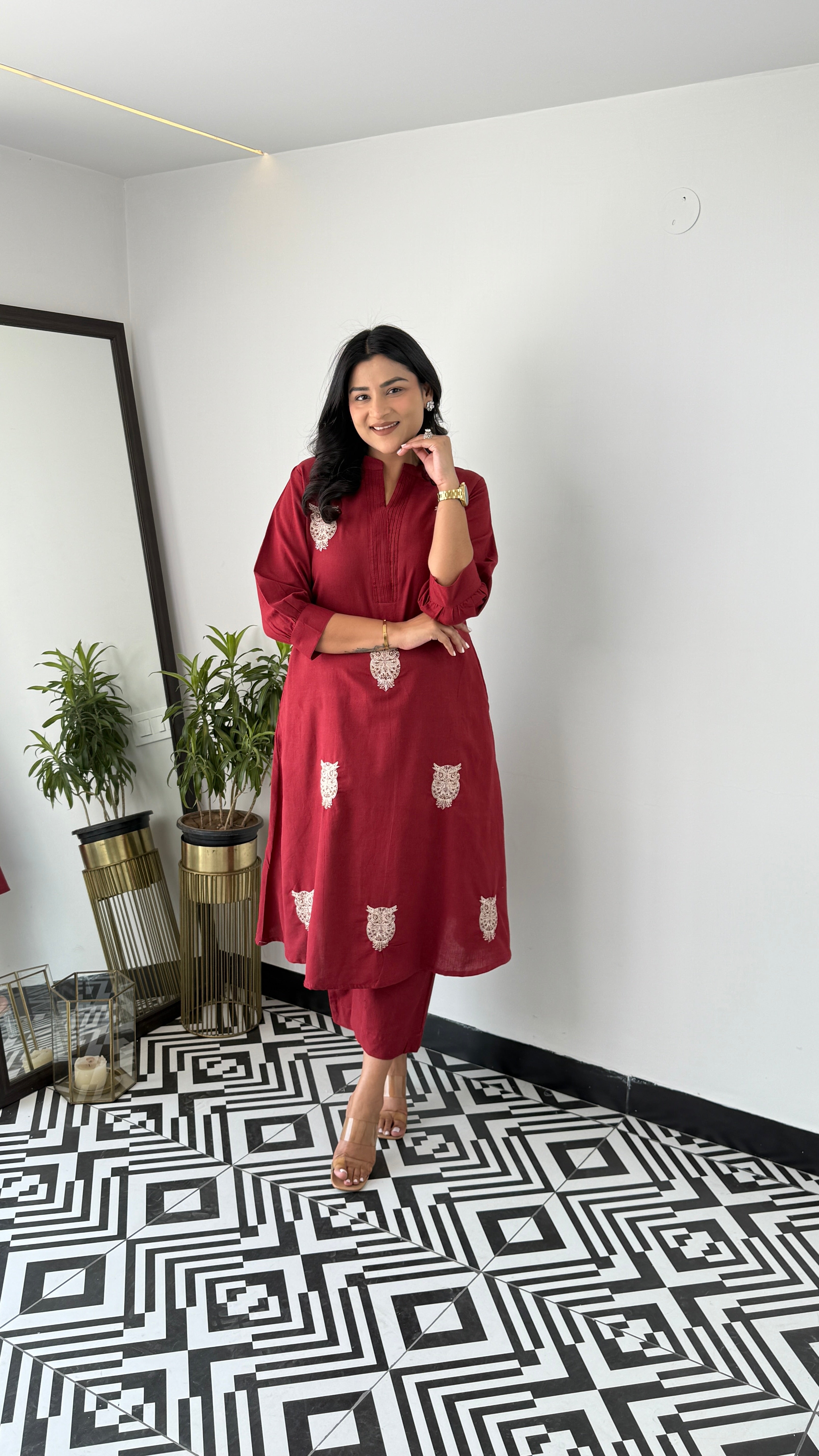 Owl Maroon Kurta Pants