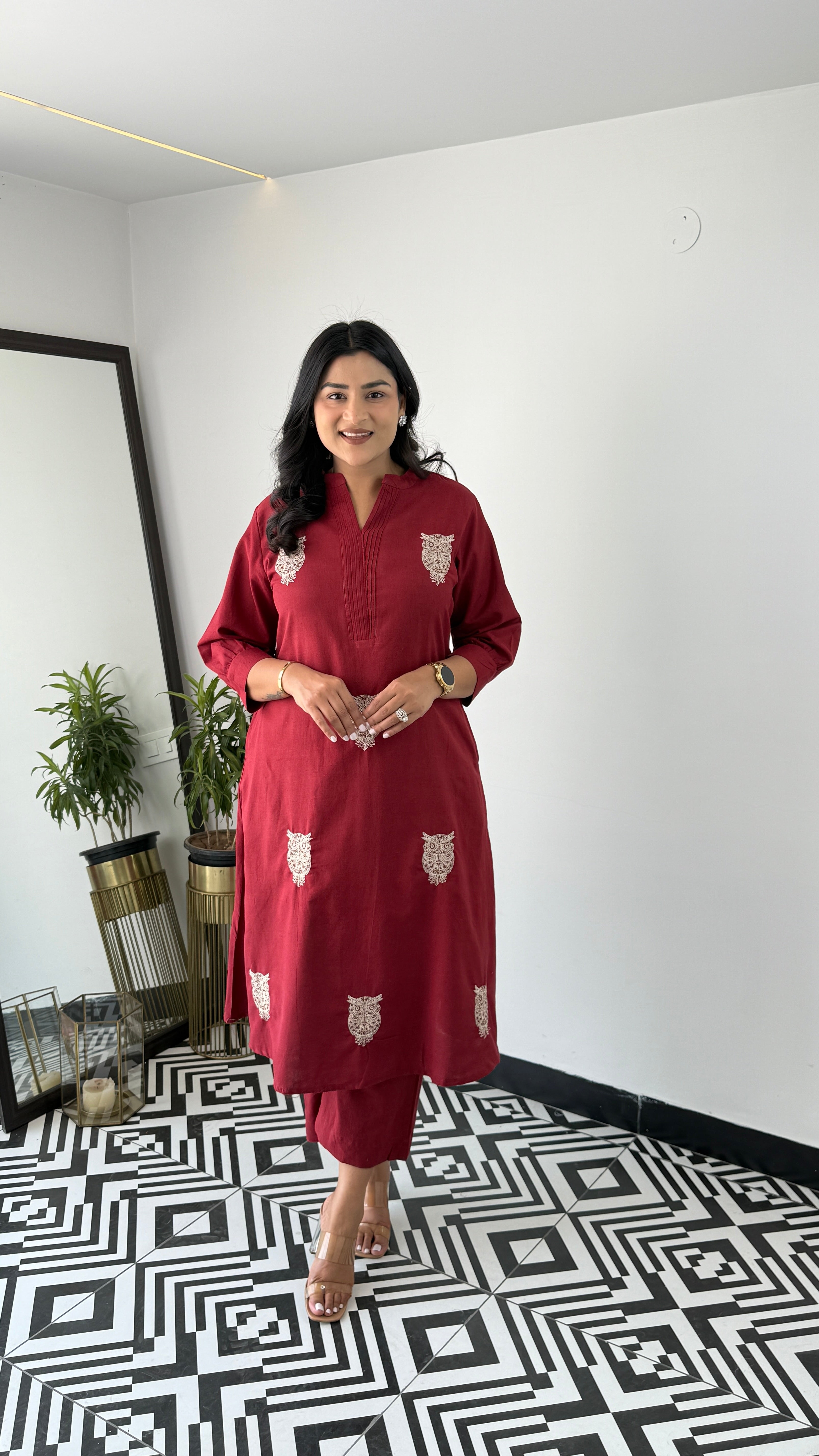 Owl Maroon Kurta Pants