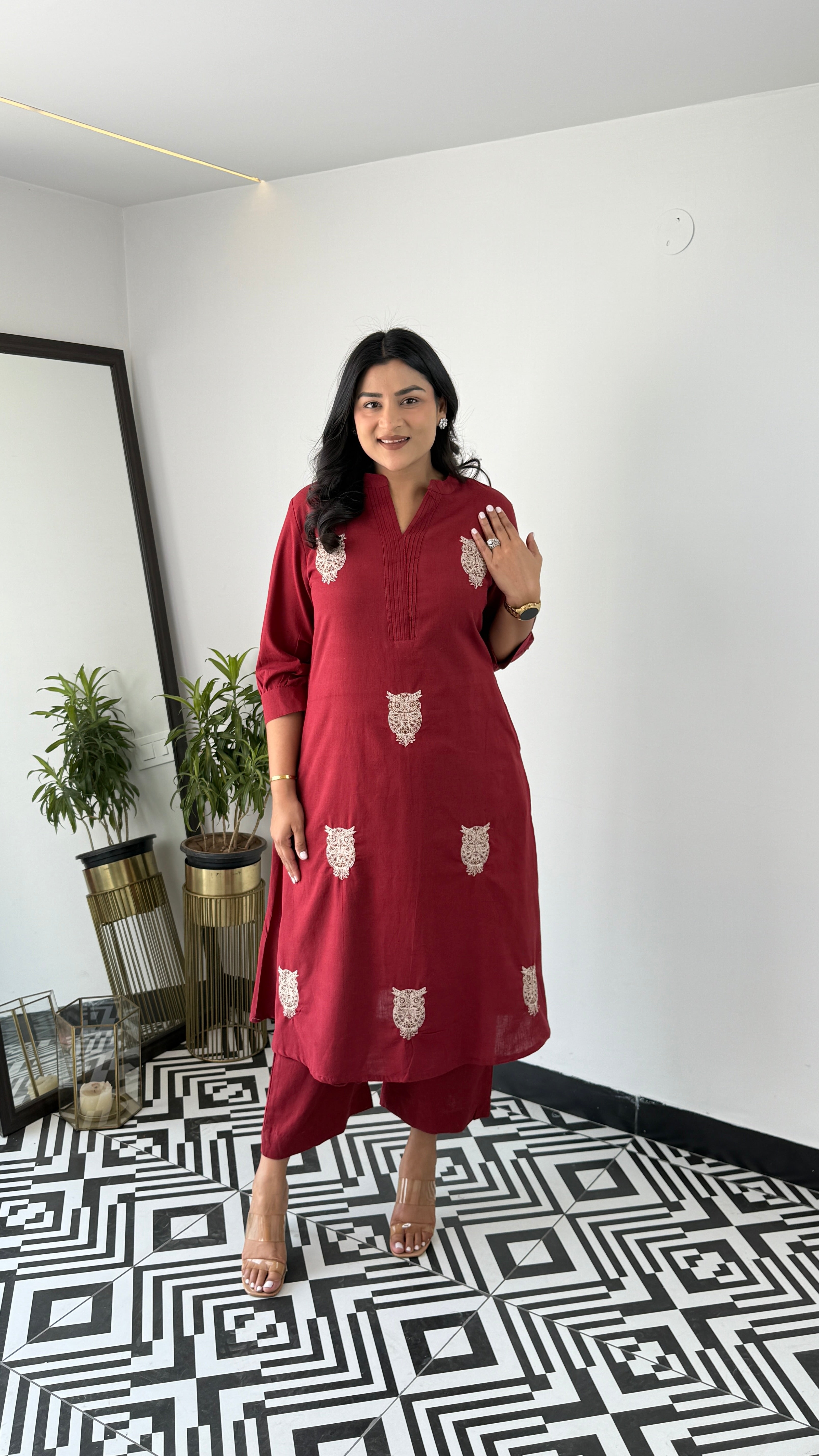 Owl Maroon Kurta Pants