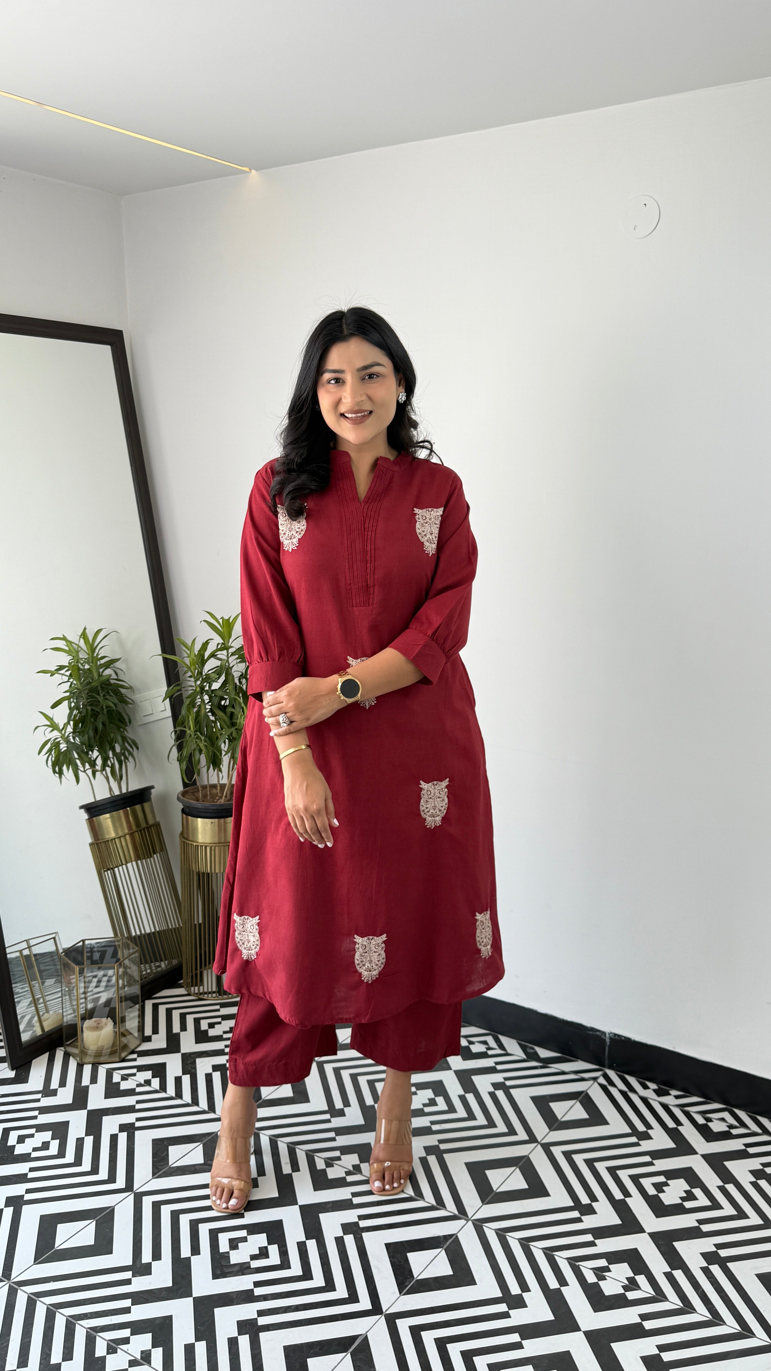 Owl Maroon Kurta Pants