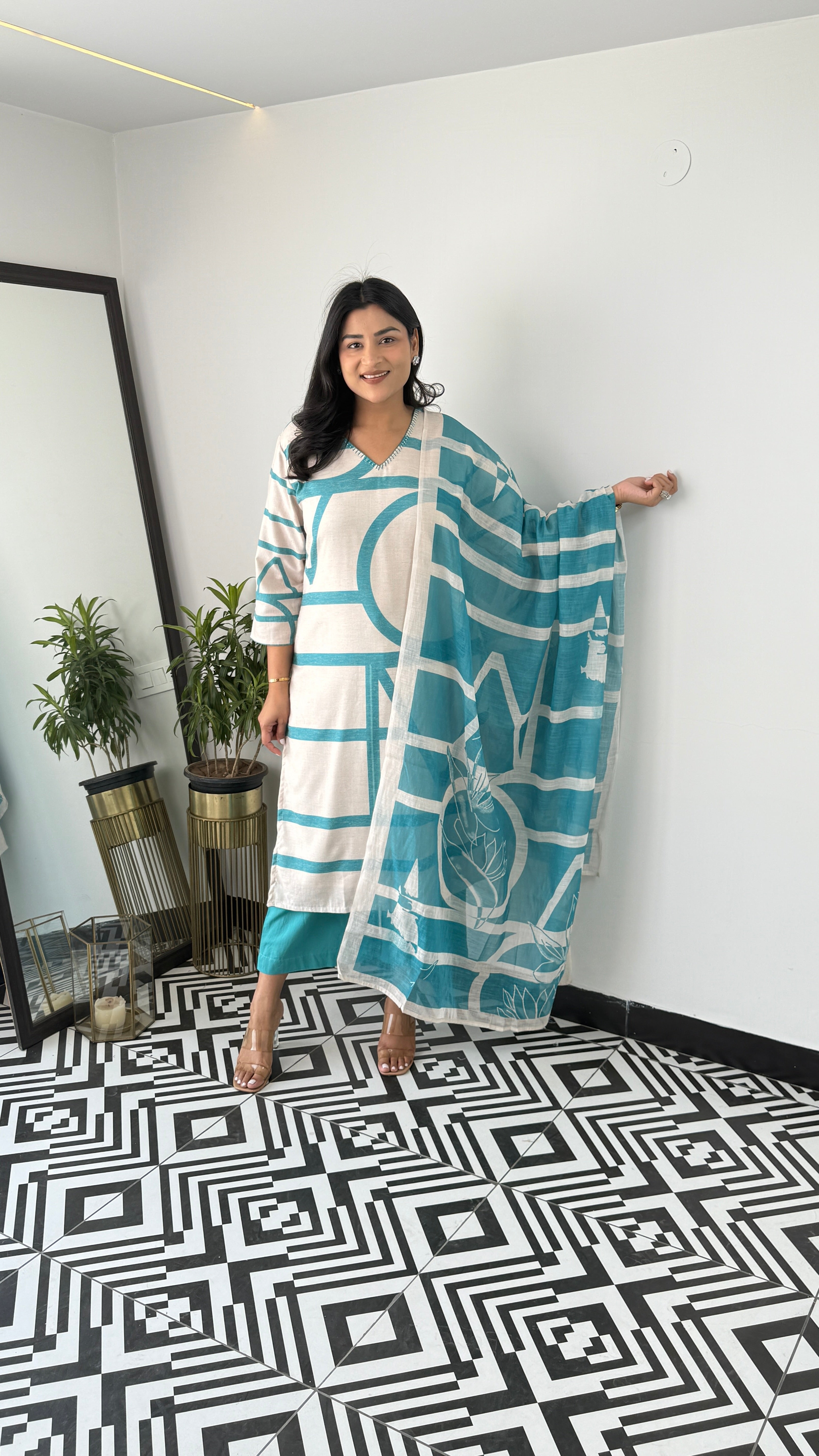 ⁠Textile Turquoise Geometric Suit Set 