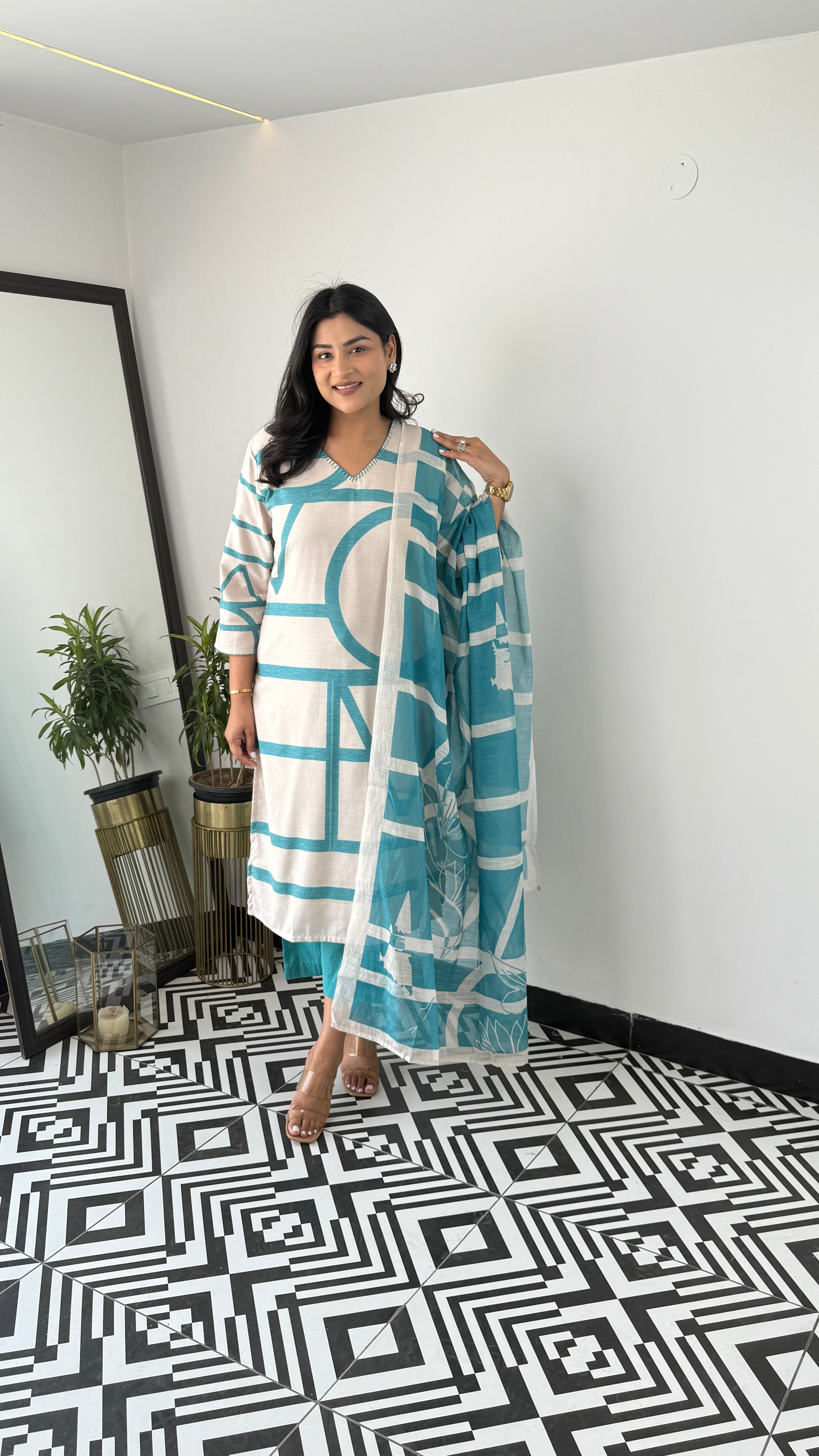⁠Textile Turquoise Geometric Suit Set 