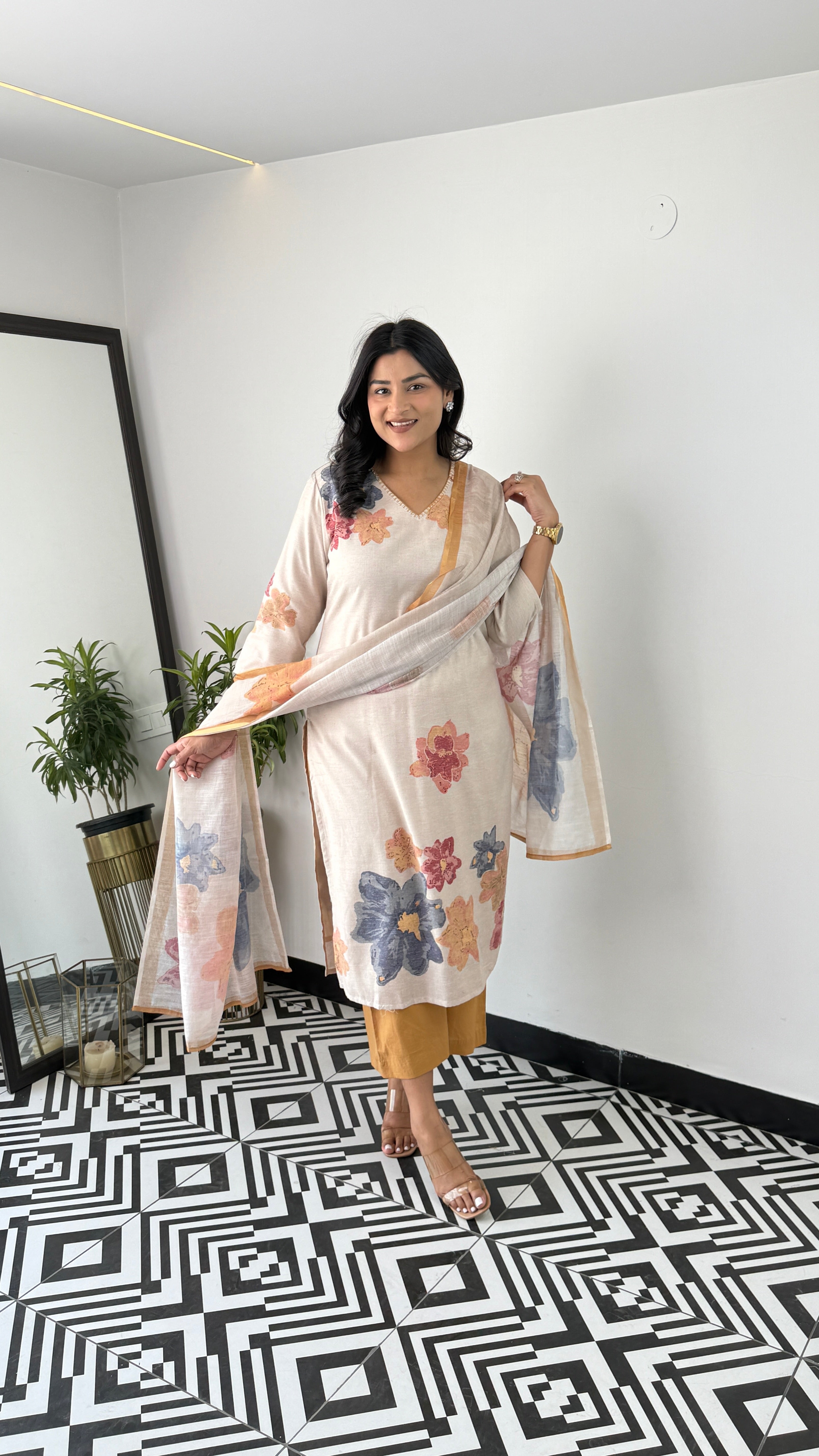 ⁠Textile Mustard & Blue Floral Suit Set