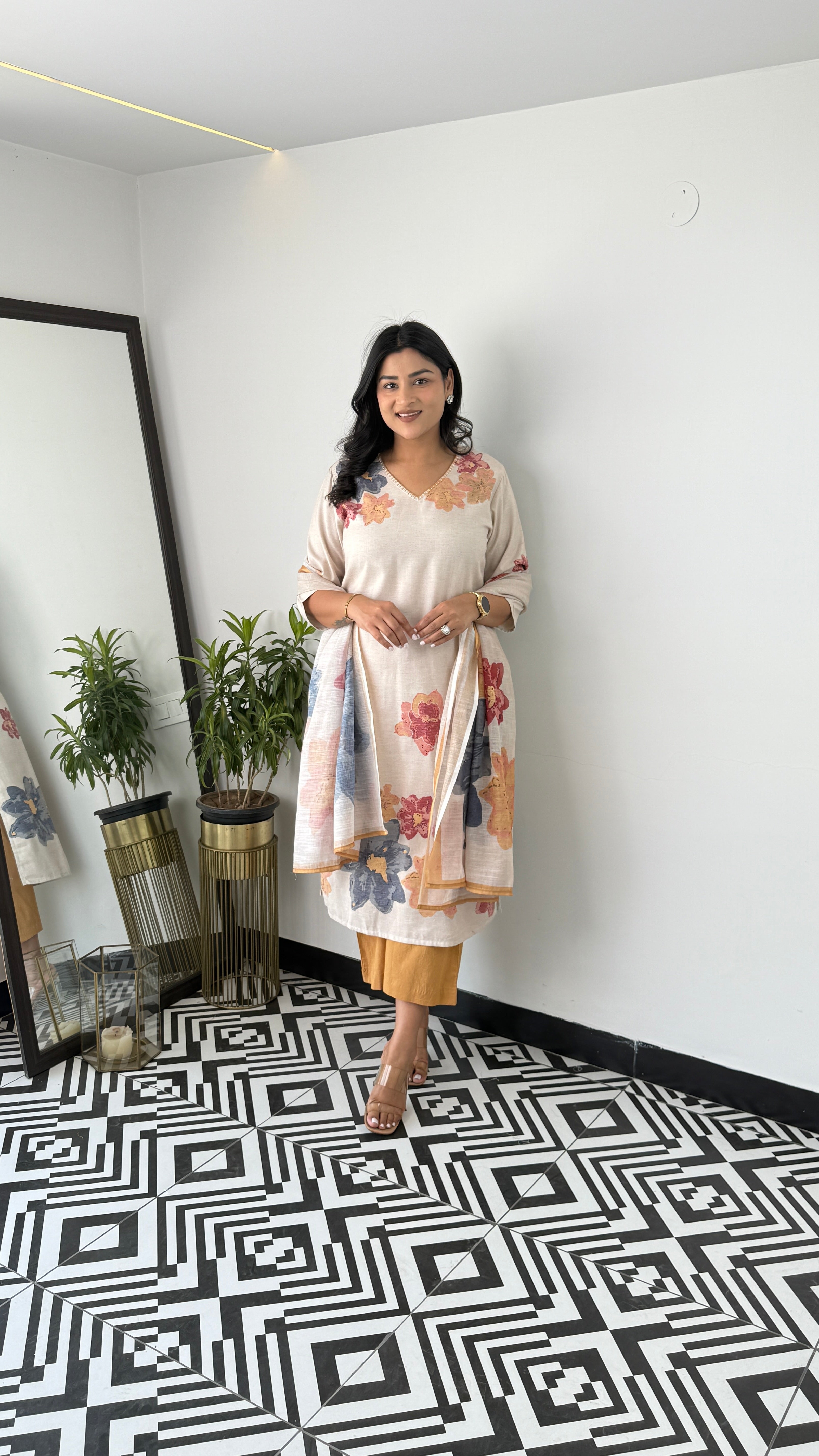 ⁠Textile Mustard & Blue Floral Suit Set