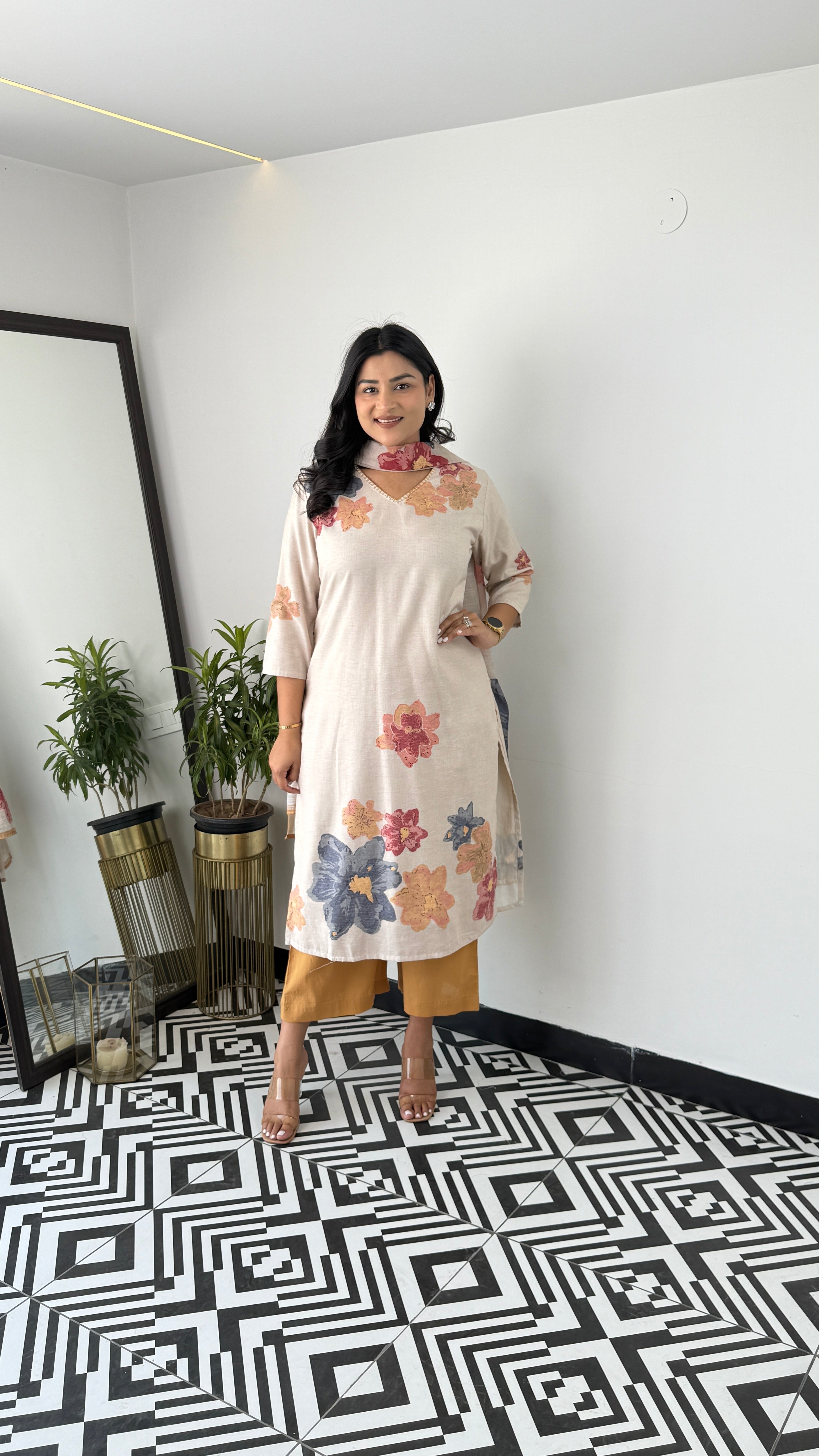 ⁠Textile Mustard & Blue Floral Suit Set